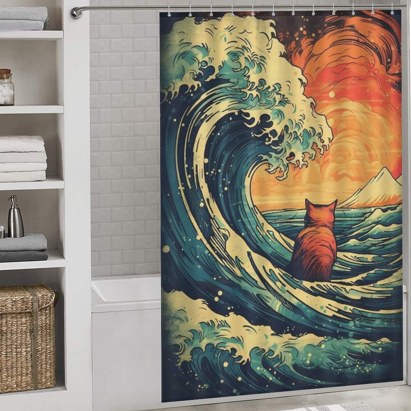 Rideau de douche Toile de Jouy au style japonais élégant et lavable pour salle de bain chic