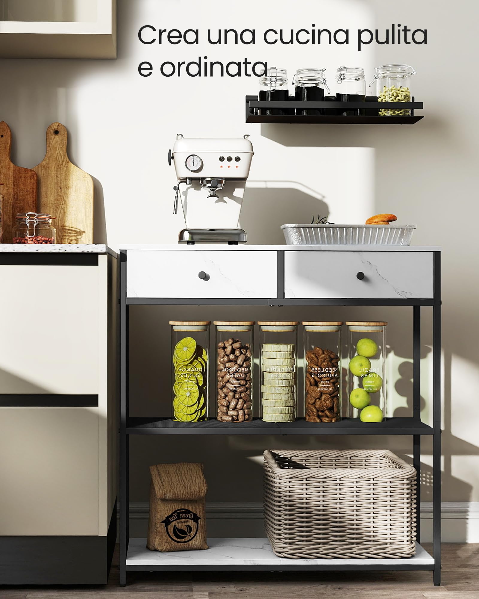 VASAGLE Tavolo Consolle Stretto, Tavolo da Ingresso con 2 Cassetti in Tessuto, Tavolino da Divano a 3 Livelli, 24 x 76 x 80 cm, per Ingresso, Soggiorno, Bianco Marmo e Nero Inchiostro LNT092W01