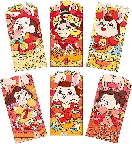 6 sobres rojos del Año del Conejo 2023 paquetes de dinero de la suerte sobres chinos de Año Nuevo Lunar de Hongbao bolsillos de efectivo para