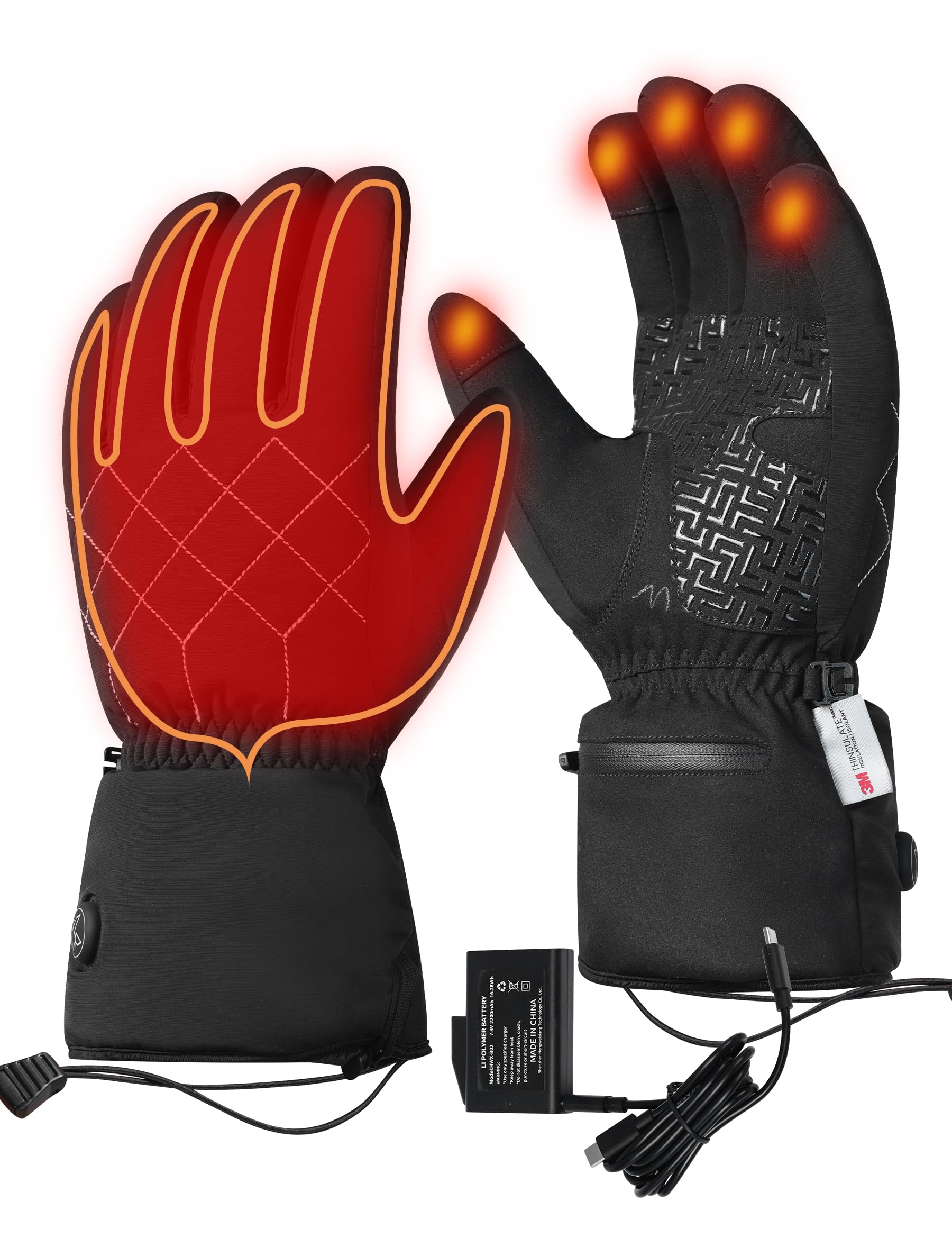 KUTOOK Guanti Sci Riscaldati Impermeabili Guanti Moto Riscaldati 3M Thinsulate con Batteria Touchscreen Termici Antistrappo per Sci Ciclismo Escursionismo Unisex