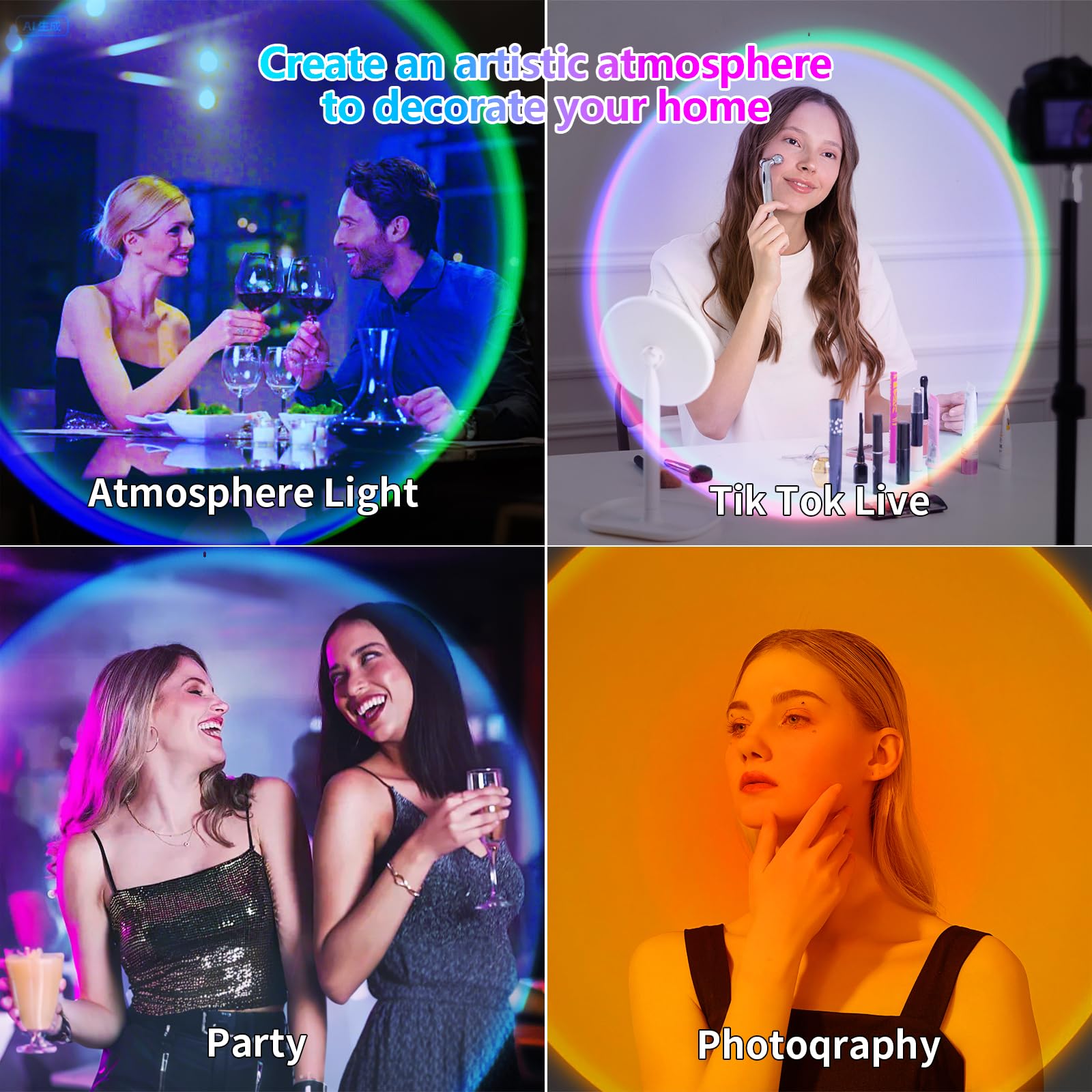 AIHYING Proyector de lámpara de puesta de sol, luz nocturna multicolor cambiante, rotación de 360 grados, lámpara solar LED arcoíris para fondos de fotografía, fiesta, TikTop Live, regalos de Navidad