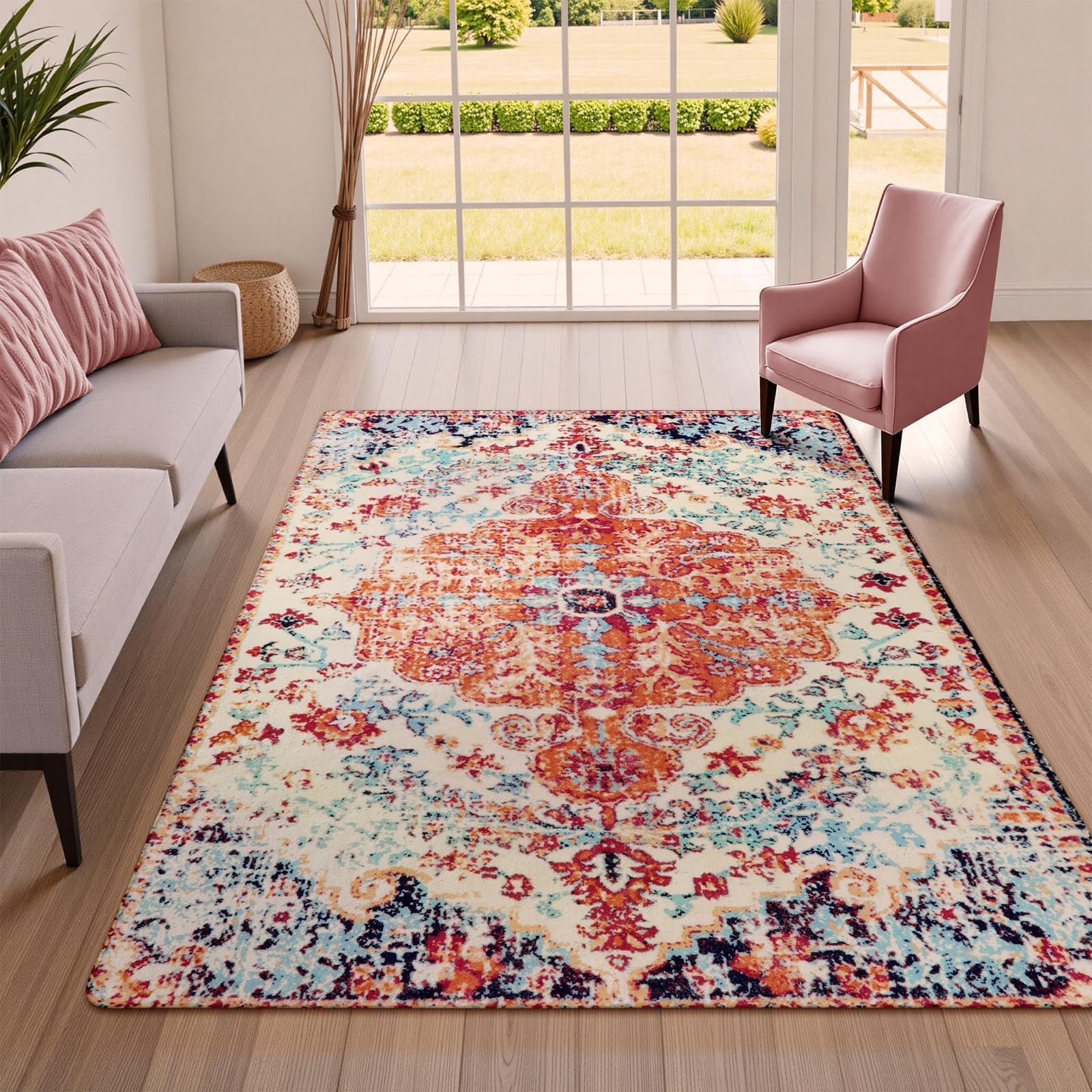 Lahome Bohemian Floral Medallion Area Rug - 4x6 Oriental Distressed Bedroom Rug Country Vintage Faux Wool Indoor Throw Mat Non-Slip Washable Low-Pile Carpet for Bathroom Living Kitchen Laundry Room