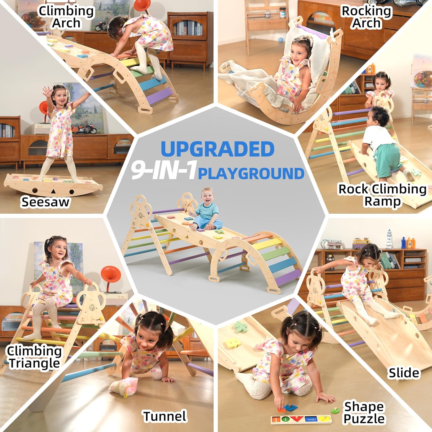 Baby Pikler Triangle Set with Cushion, 9-in-1 Foldable Wooden Climbing Toys for Toddlers, Indoor Montessori Jungle Gym Set for Kids Birthday Gift