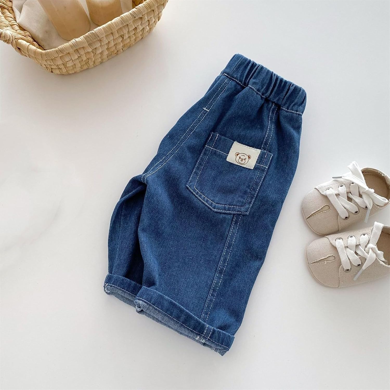 Baby Boys Elastic Waist Jeans Toddler Kids Cute Bear Casual Baggy Pull on Jogger Denim Pants Harem Kids Fall Outfits