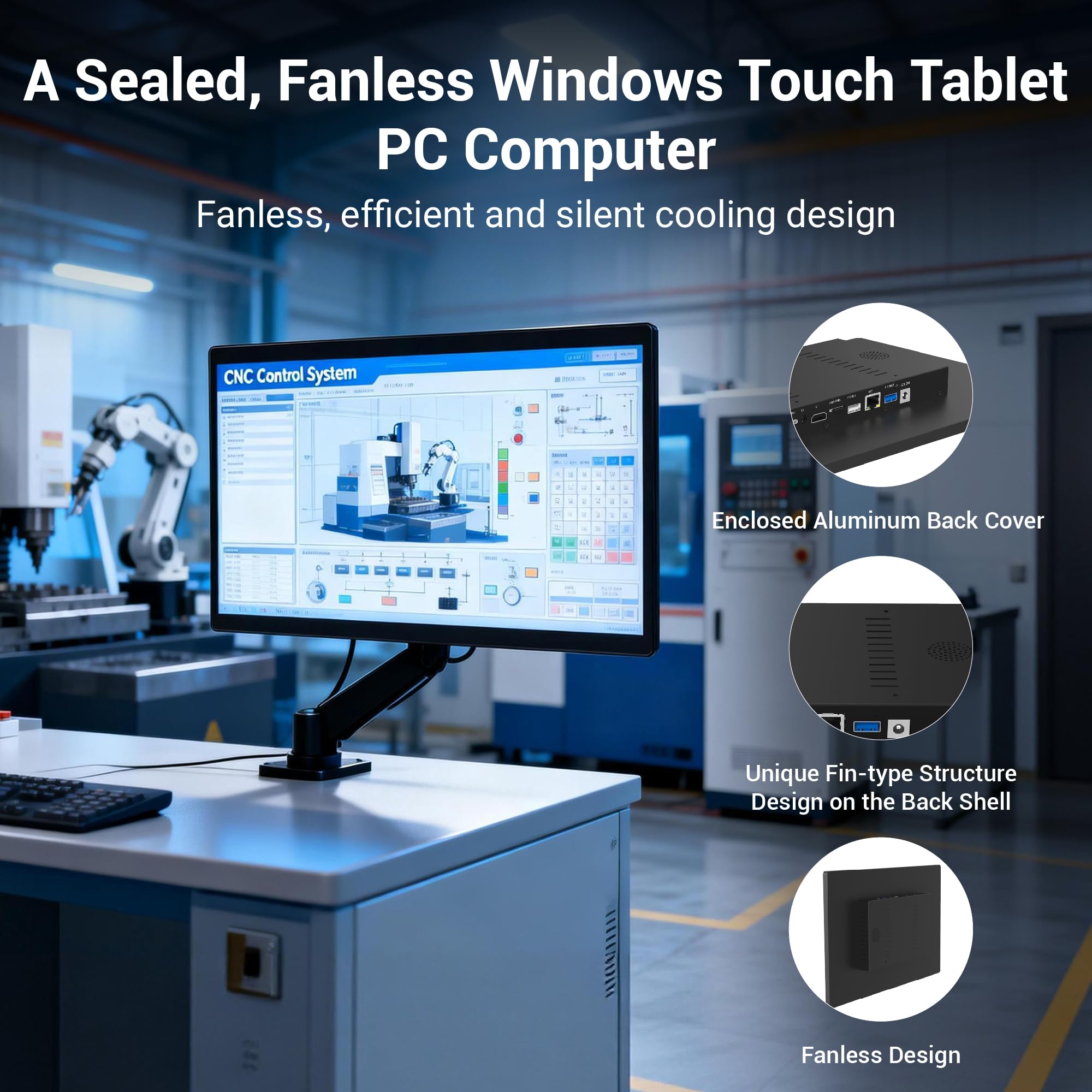 Industrie Panel PC Industriale Pannello PC 21,5 Pollici, Fanless Touchscreen Computer All in One Win11 Pro N100 8GB RAM 128GB ROM, 1920 * 1080 IPS, 2xUSB3,0, 2xUSB2,0, 2xLAN, Type-C, HDMI