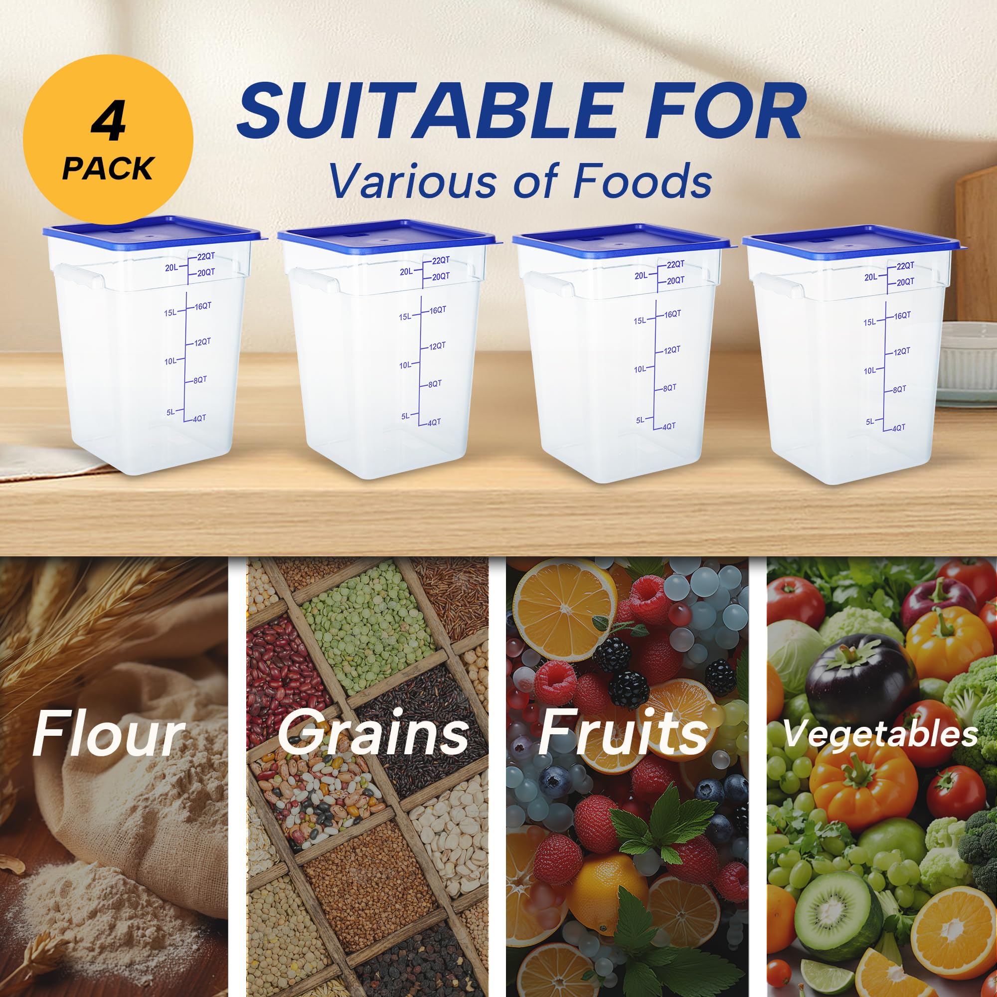 Lot de 4 boîtes de conservation alimentaire carrées en polycarbonate avec couvercles, 22 litres, NSF, transparent, nouvelle version