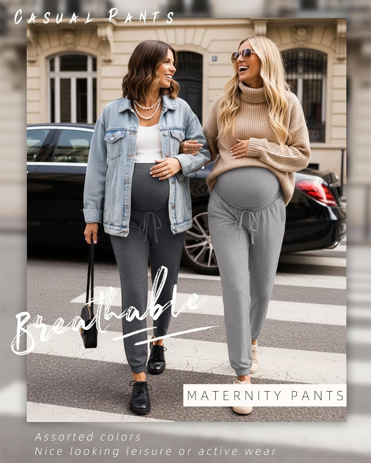 3 Pack Women's Maternity Pants Over The Belly Pregnancy Stretchy Jogger Drawstring High Waisted Cuff with Pockets(Light Gray, Dark Gray, Black,X-Large) - Image 2