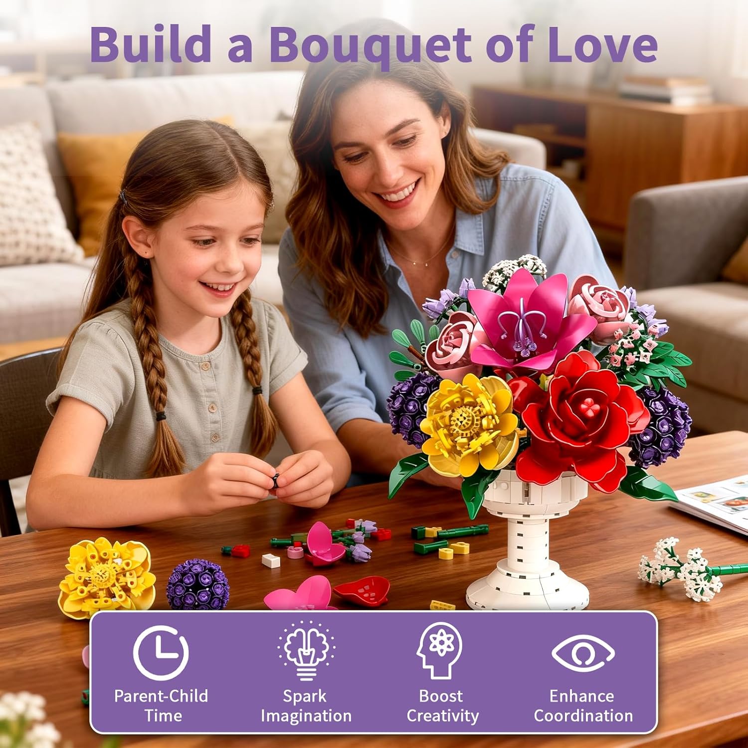 1070Pcs Flower Bouquet Building Set, Artificial Fake Flowers Bridal Wedding Building Blocks Botanical Collection, DIY Craft for Adults & Kids, Girlfriend Wife Valentine’s Day Birthday Home Table Decor