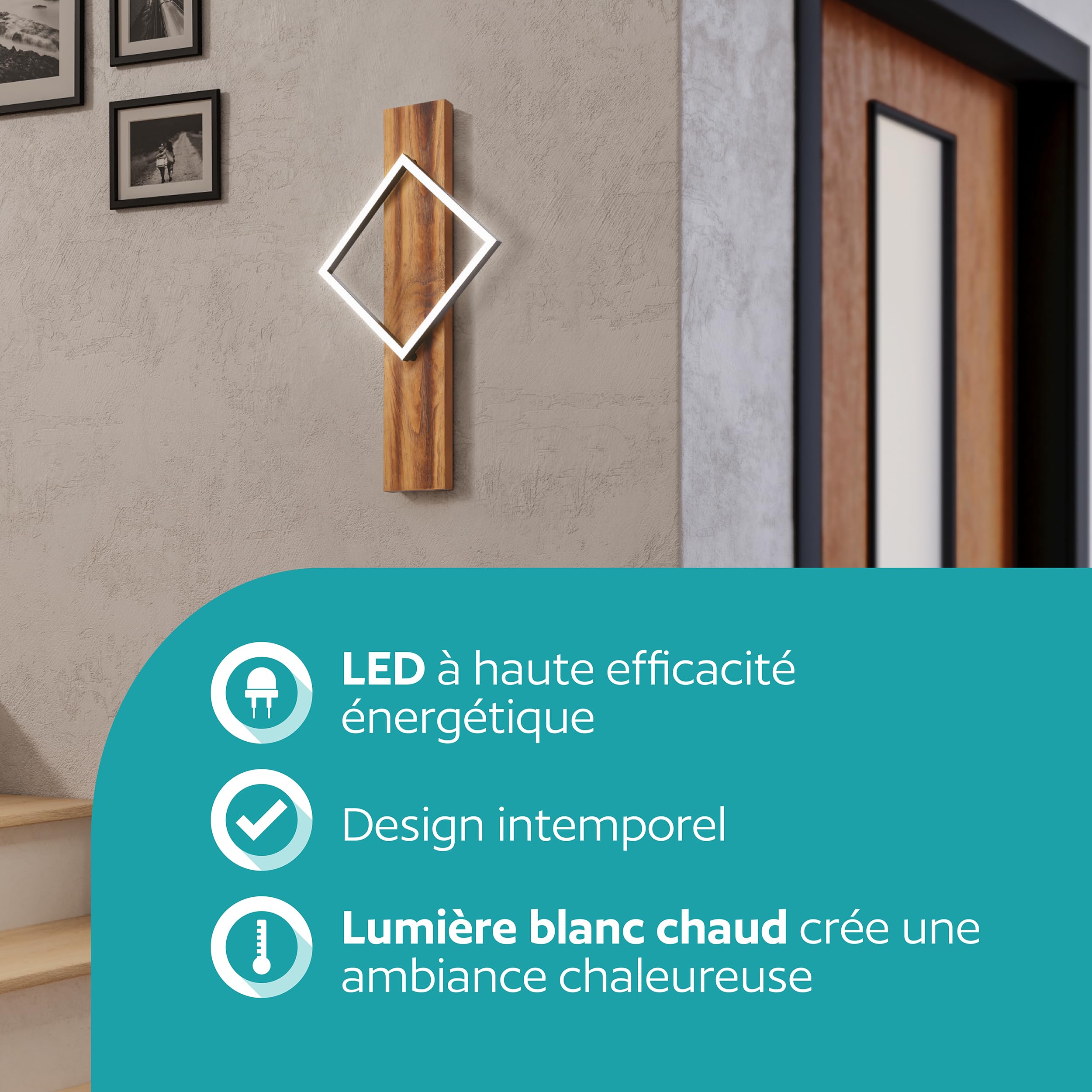 EGLO Applique murale intérieure LED Boyal, lampe avec poutre en bois
