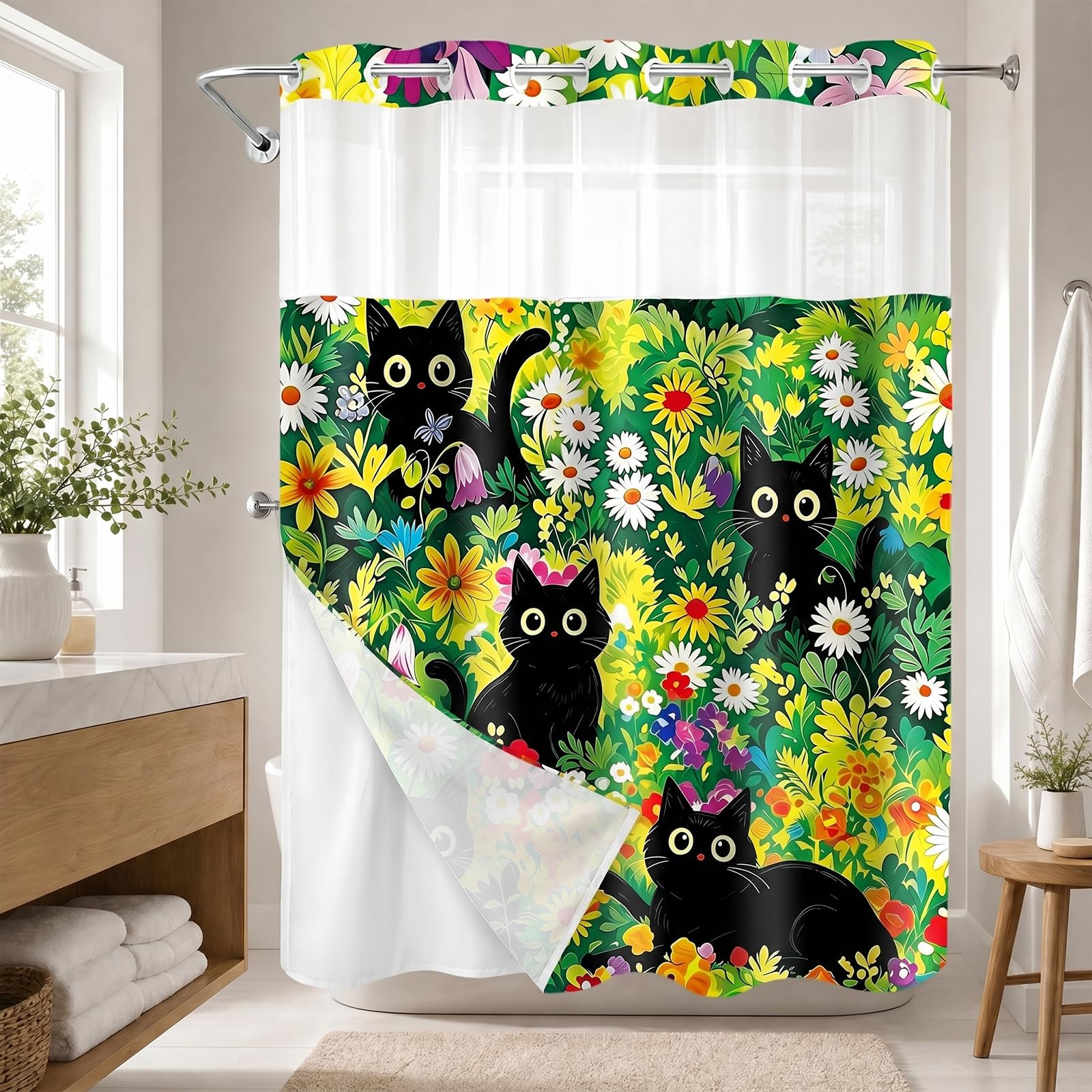 Photo 1 of VISSTREE Black Cat No-Hook Shower Curtain Set
