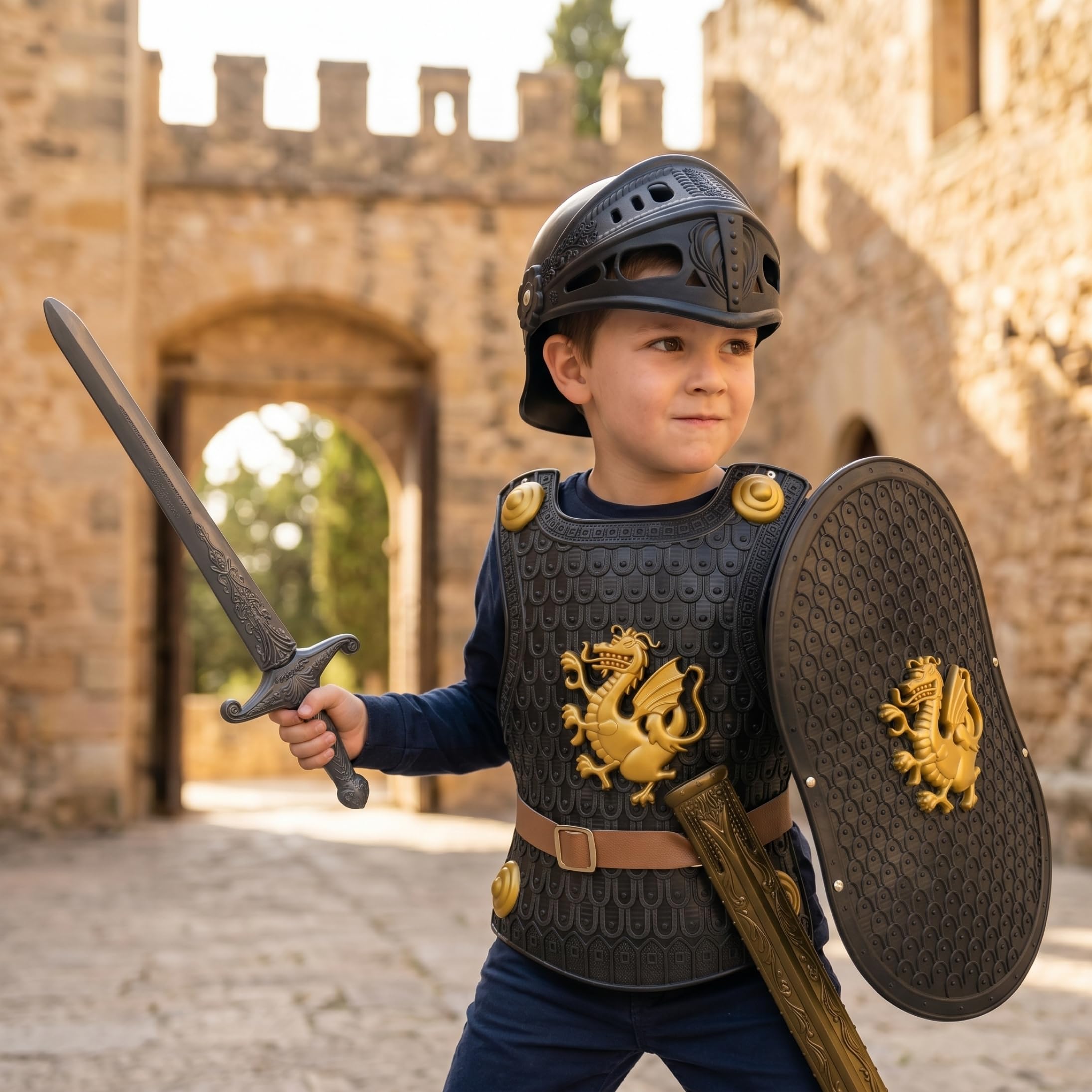 Costume da cavaliere per ragazzi, set di armature per bambini a tema drago, con casco, scudo e spada, nero