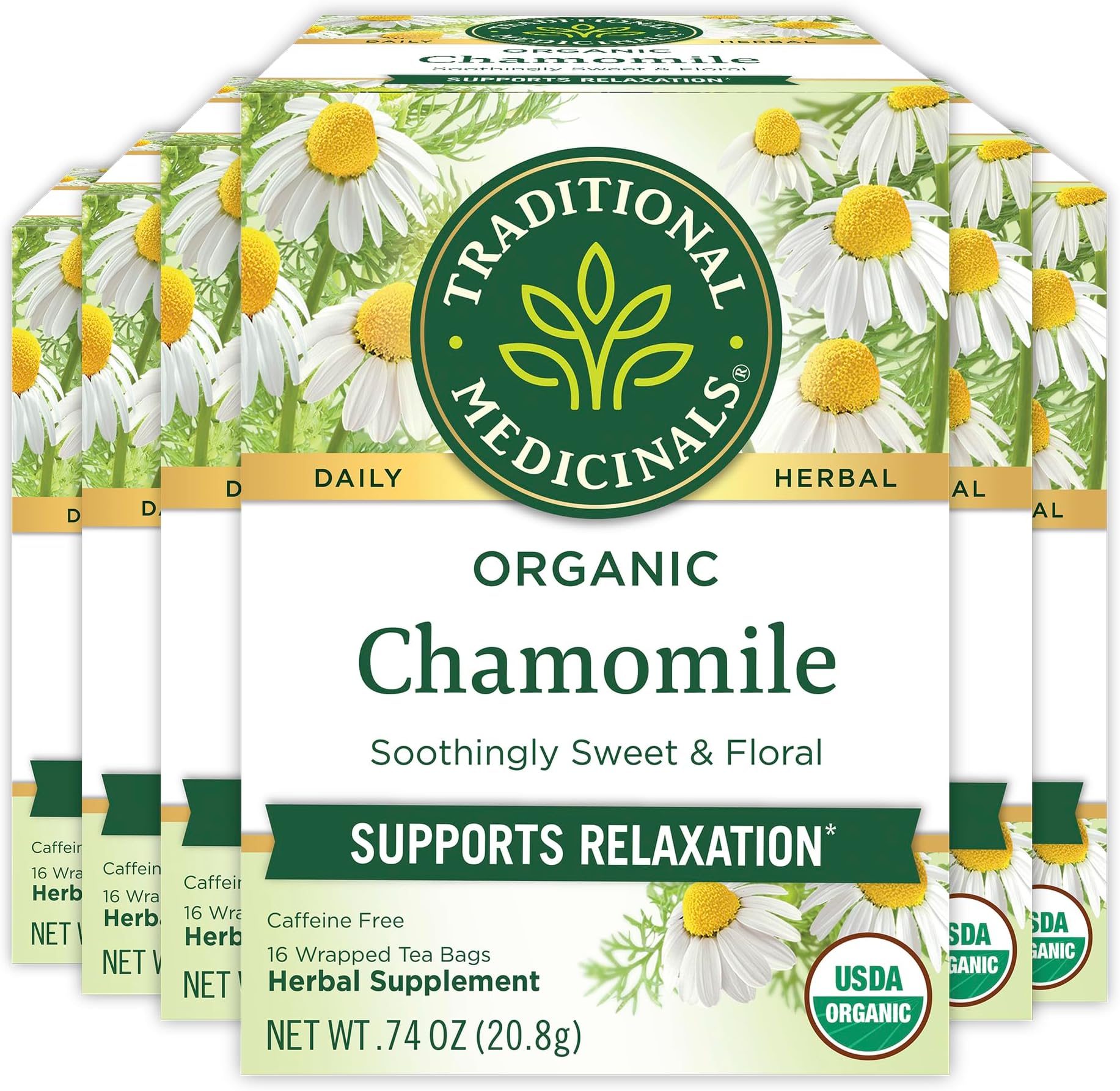 Tea, Organic Chamomile, Calming, Calms Your Nerves, Supports Healthy Digestion, 96 Tea Bags (6 Pack)