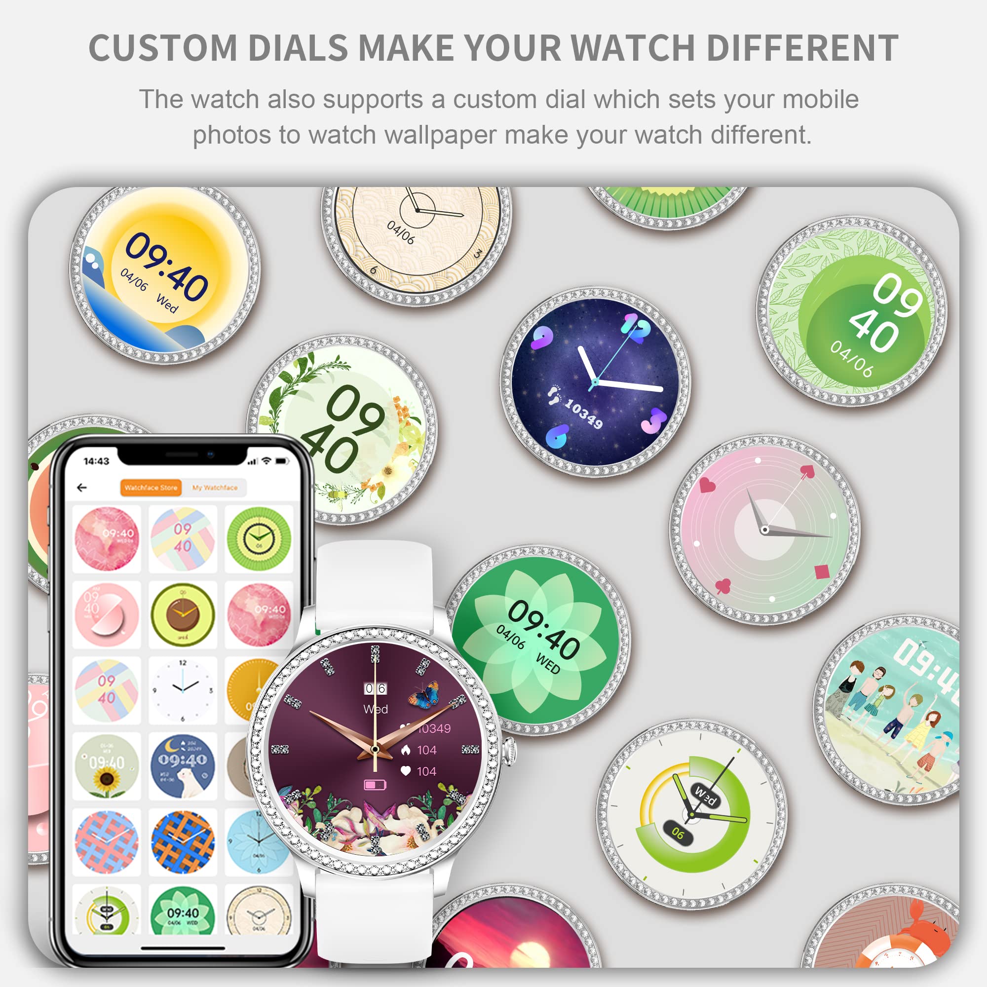 Montre Intelligente pour Femme, élégante avec Appel et Assistant Vocal, Tracker de Fitness étanche avec 20 Modes Sportifs pour Android et iOS