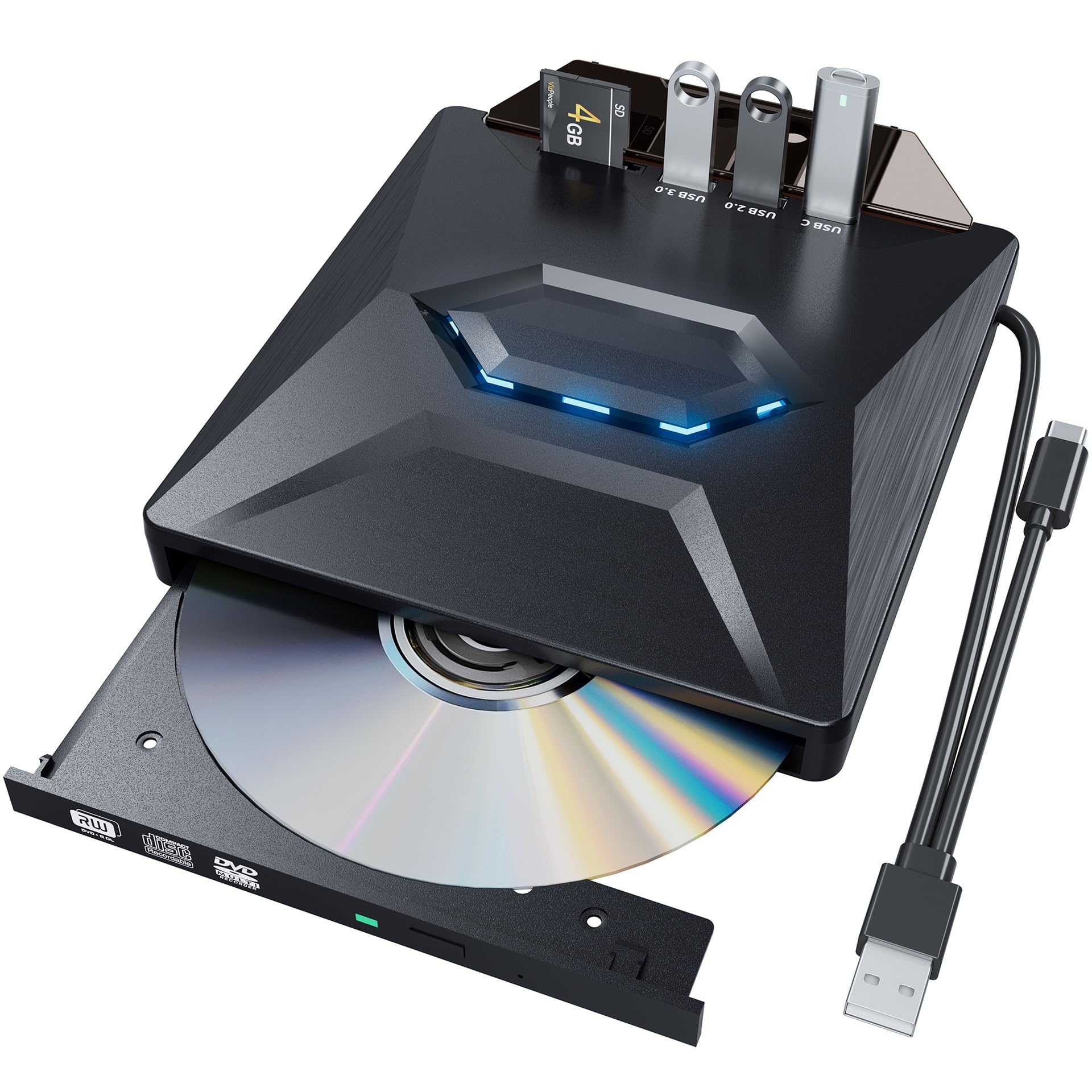 Lecteur CD DVD Externe 5 en 1, USB, SD, Typc-C, Graveur de CD 8X