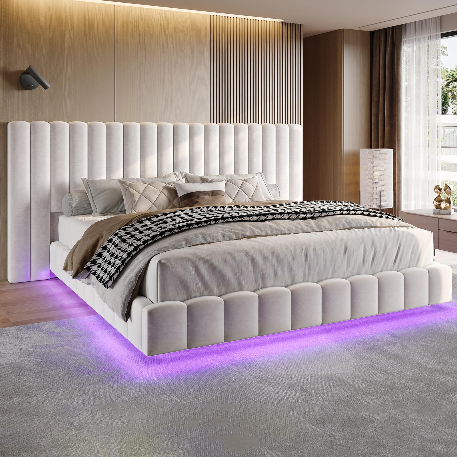 Jocisland Bed Frame Queen Size with 85" Wide Upholstered Headboard, Modern Velvet Floating Platform with LED Lights Underneath, No Box Spring Needed,