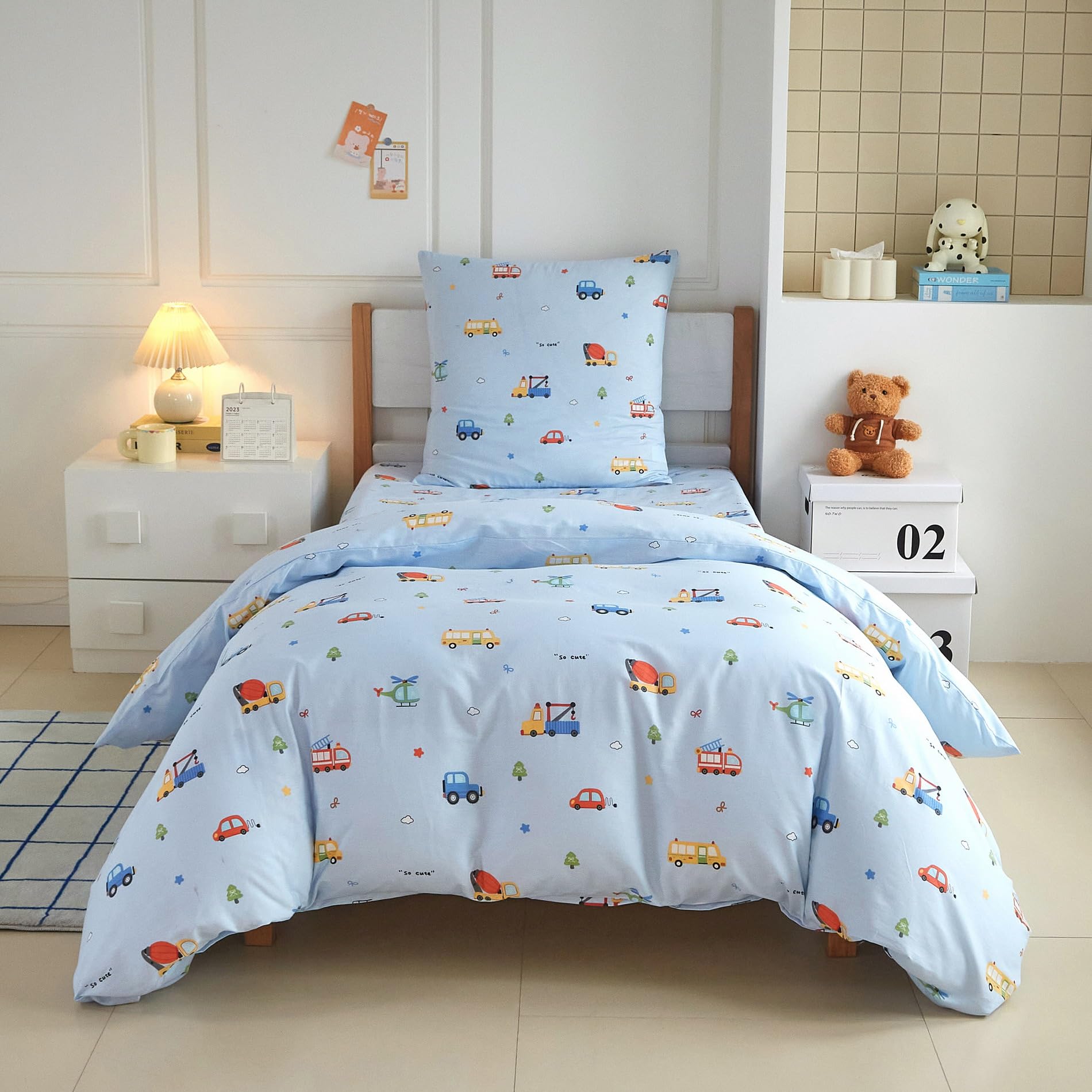 Baumwolle Bettwäsche 135x200 Kinder Auto Motiv Blau Bettwäsche Kinder 135x200 Jungen Weiche Bettbezug Set 2teilig für Jugendliche Jungen Geschenk mit Reißverschluss und 80x80 cm Kissenbezug