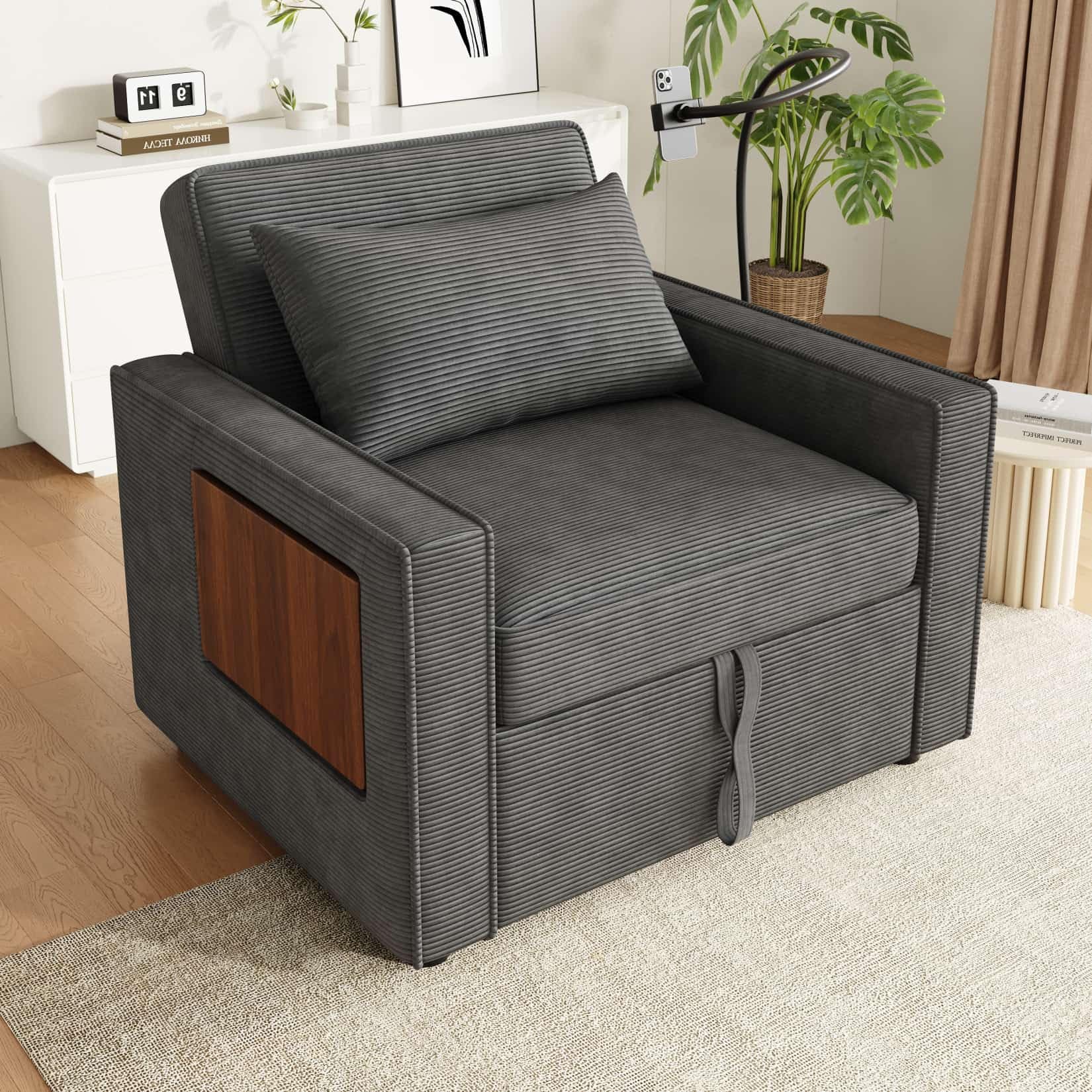 Canapé 1 Place Convertible avec Table d'appoint,Fauteuil Relax,Petit Canapé Lit Pliable,Chaise Longue,avec Port USB et Support pour Téléphone Portable (Gris-Velours côtelé-1)