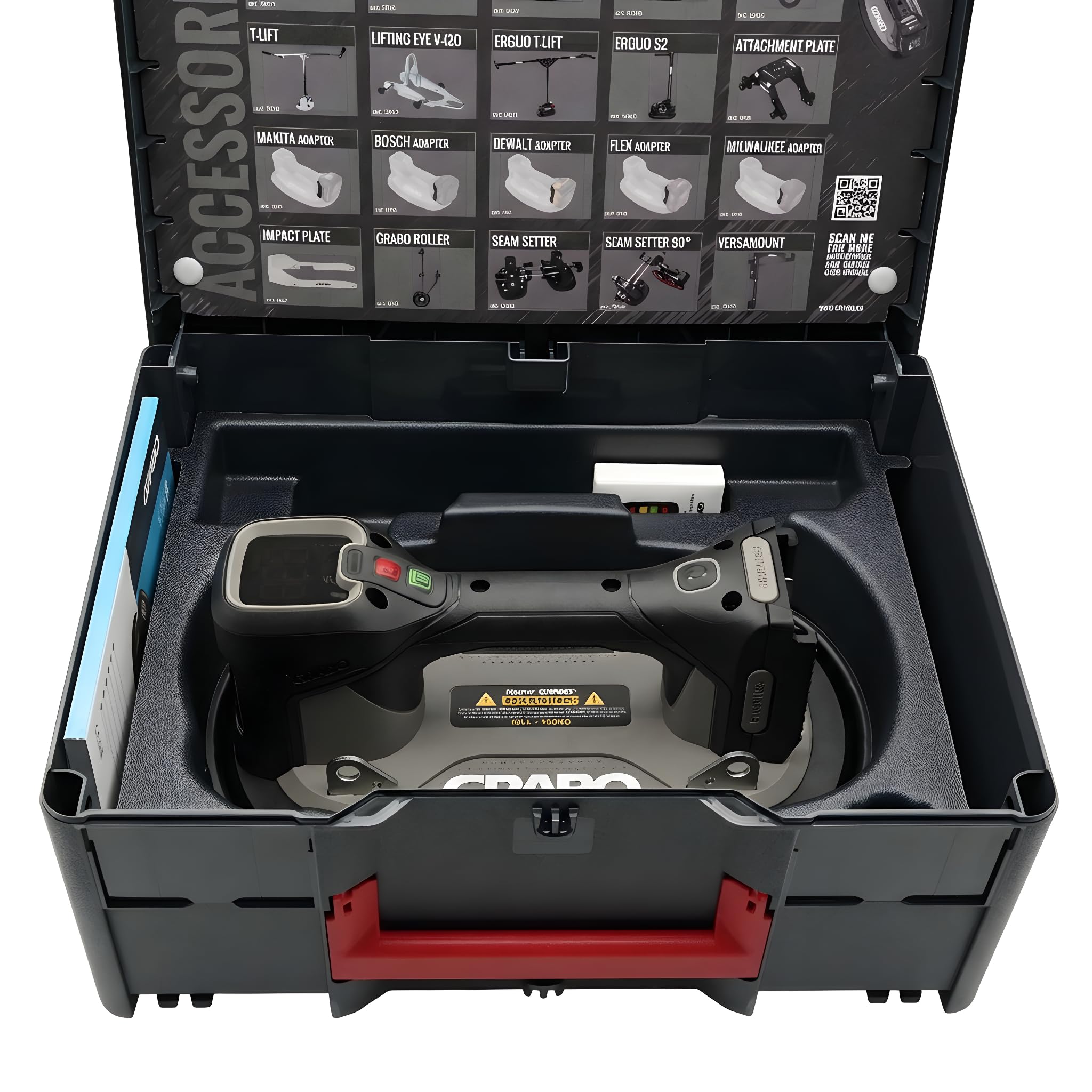 GRABO Pro Brushless Vakuum Saugheber 120 kg [Marken Akku-kompatibel] Elektrischer Fliesenheber & Glasheber mit Digitalanzeige Akku Saugheber für Fliesen, Glas & Stein inkl. TANOS Systainer³ (GPB-MAT)