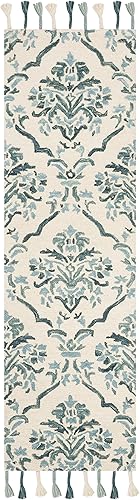 Miniatura 3 de SAFAVIEH Suzani Collection SZN205A - Alfombra de pasillo de lana con borlas de 2 pies 3 pulgadas x 8 pies, color marfil y turquesa