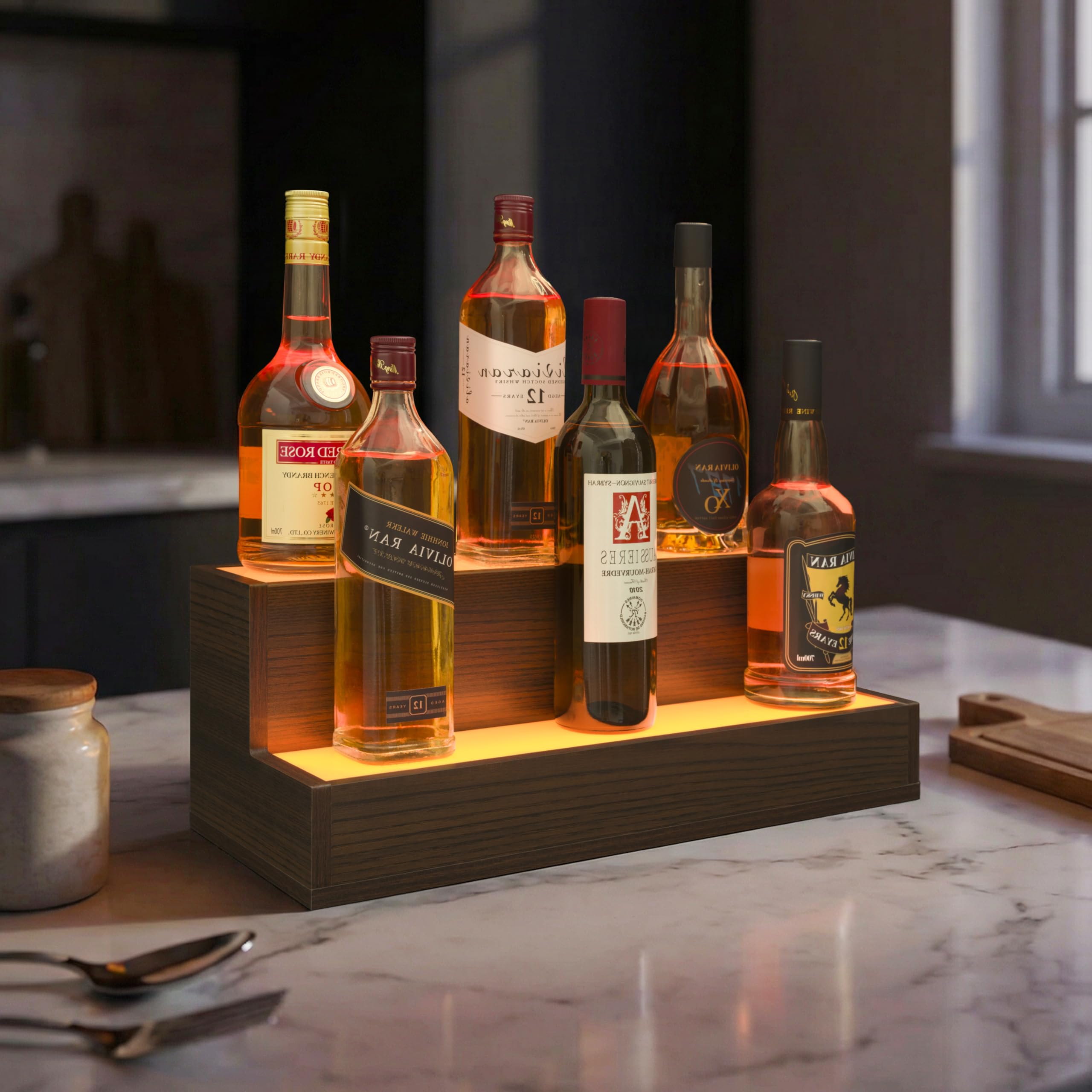 Cubehom LED Lighted Bar Liquor Shelves, 20 Inch Bar Bottle Display Shelf with App & Remote Control, 2 Tier for Home Bar, Party, Walnut