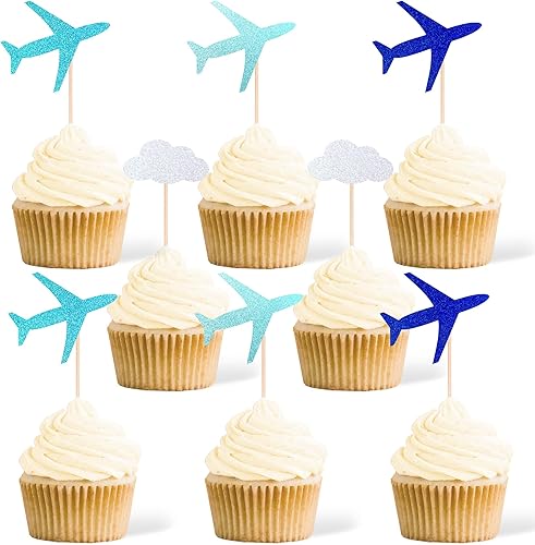 Miniatura 1 de Gexolenu 24 piezas de adornos azules para cupcakes de avión con purpurina de doble cara para decoración de baby shower, boda, aniversario,