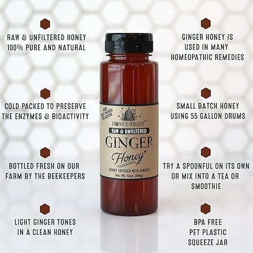 Miniatura 7 de HONEY FEAST Miel de jengibre, 12 onzas, miel cruda con infusión de raíz de jengibre natural, miel de Florida sin filtrar, perfecta para té y cocina