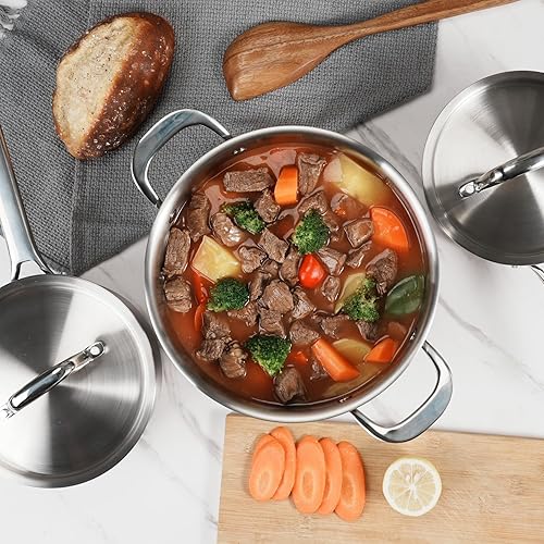 Miniatura 2 de Juego de cacerolas con tapas, utensilios de cocina de acero inoxidable de 5 capas, 1.5 cuartos de galón, 3 cuartos de galón y 5 cuartos de galón,