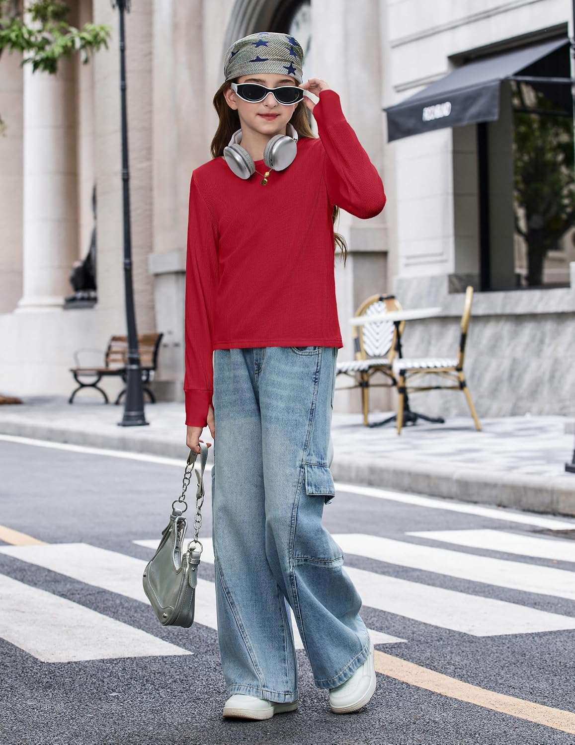 Arshiner Girls Waffle Knit Long Sleeve Shirts with Thumb Hole Crewneck Tops image 3
