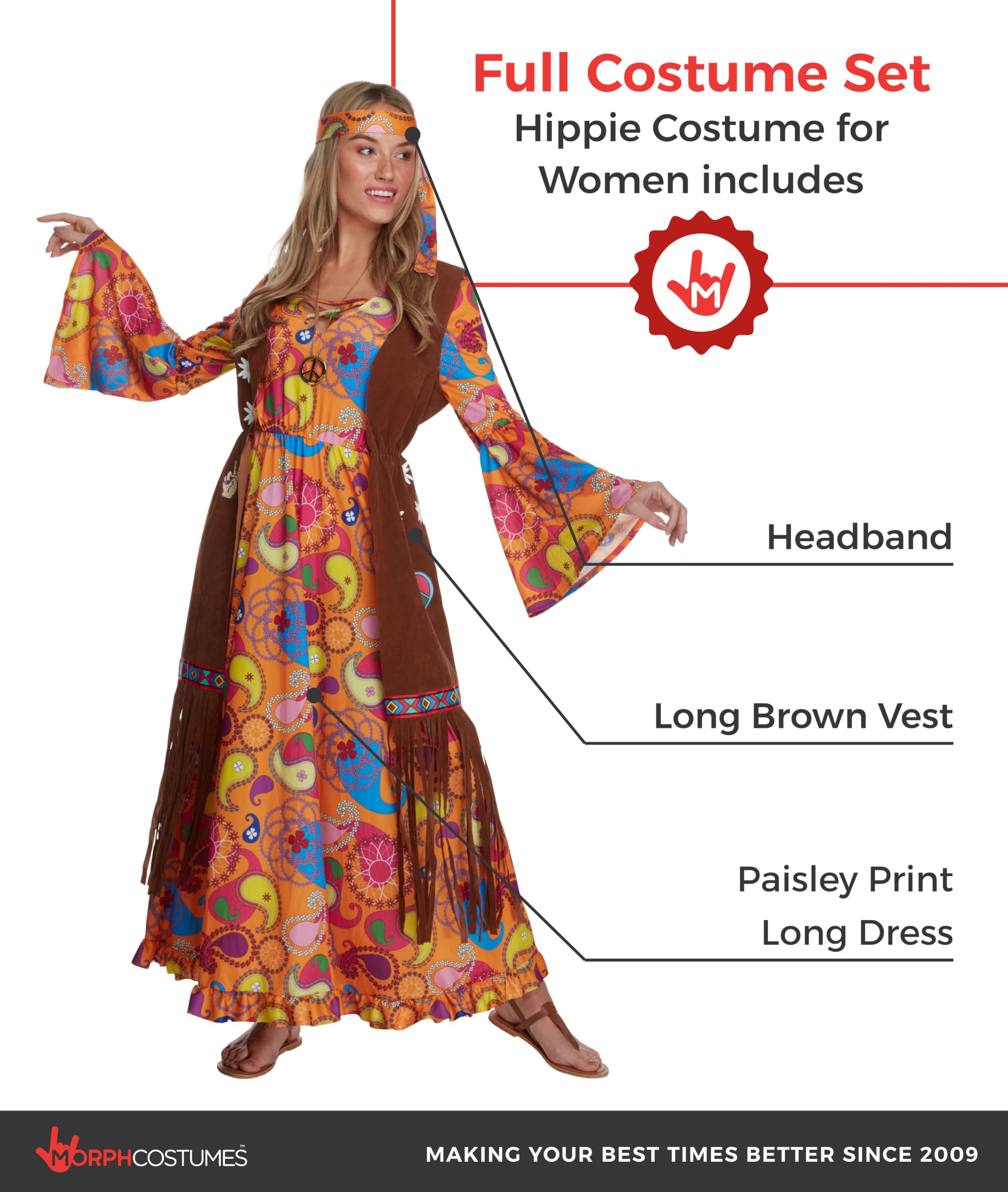 Morph Disfraz Hippie Mujer, Disfraz Años 60 Halloween Mujer