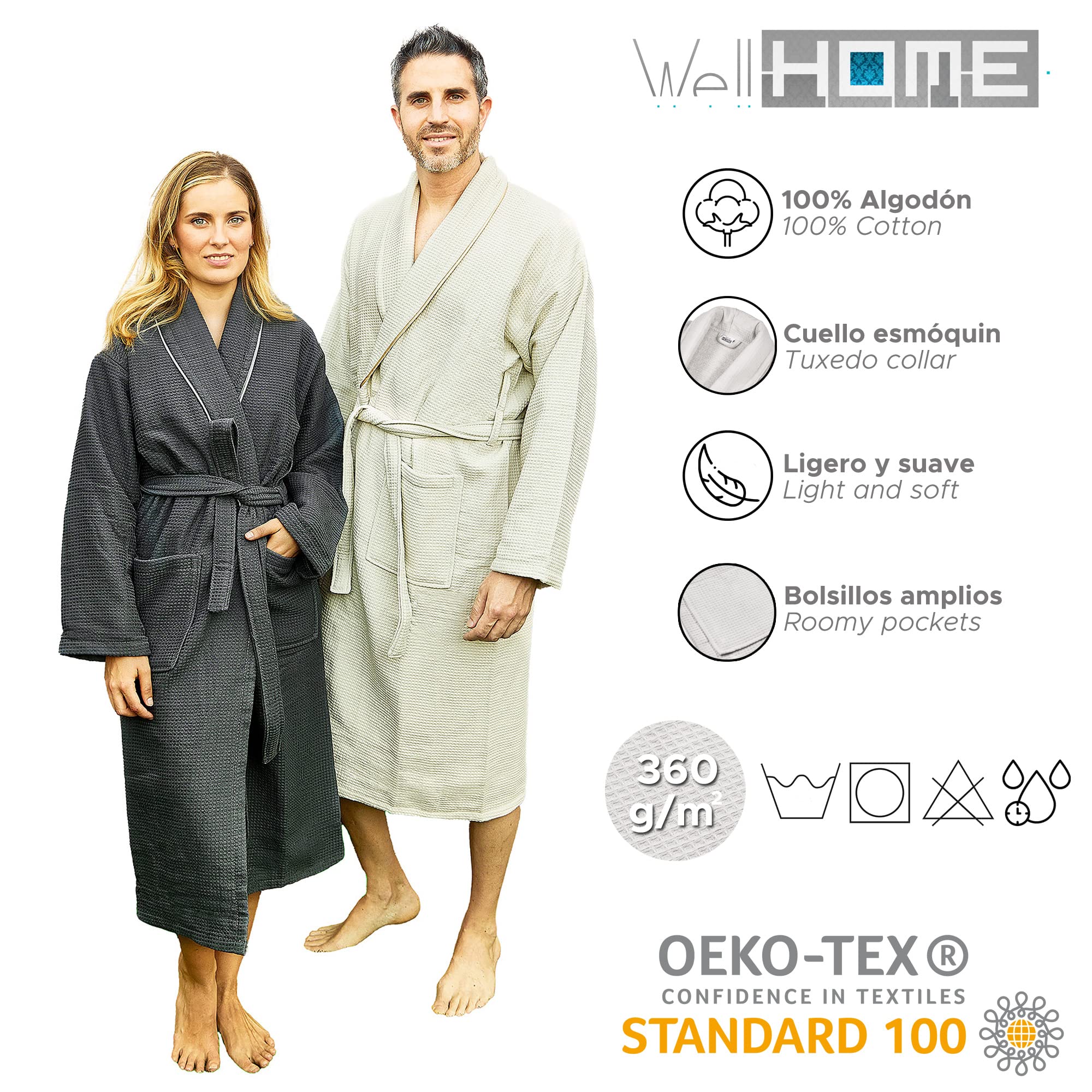 WELL HOME MOBILIARIO & DECORACIÓN ALBORNOZ S/M 360 gr/m2 Nido de Abeja 100% algodó, Beige, WH0589