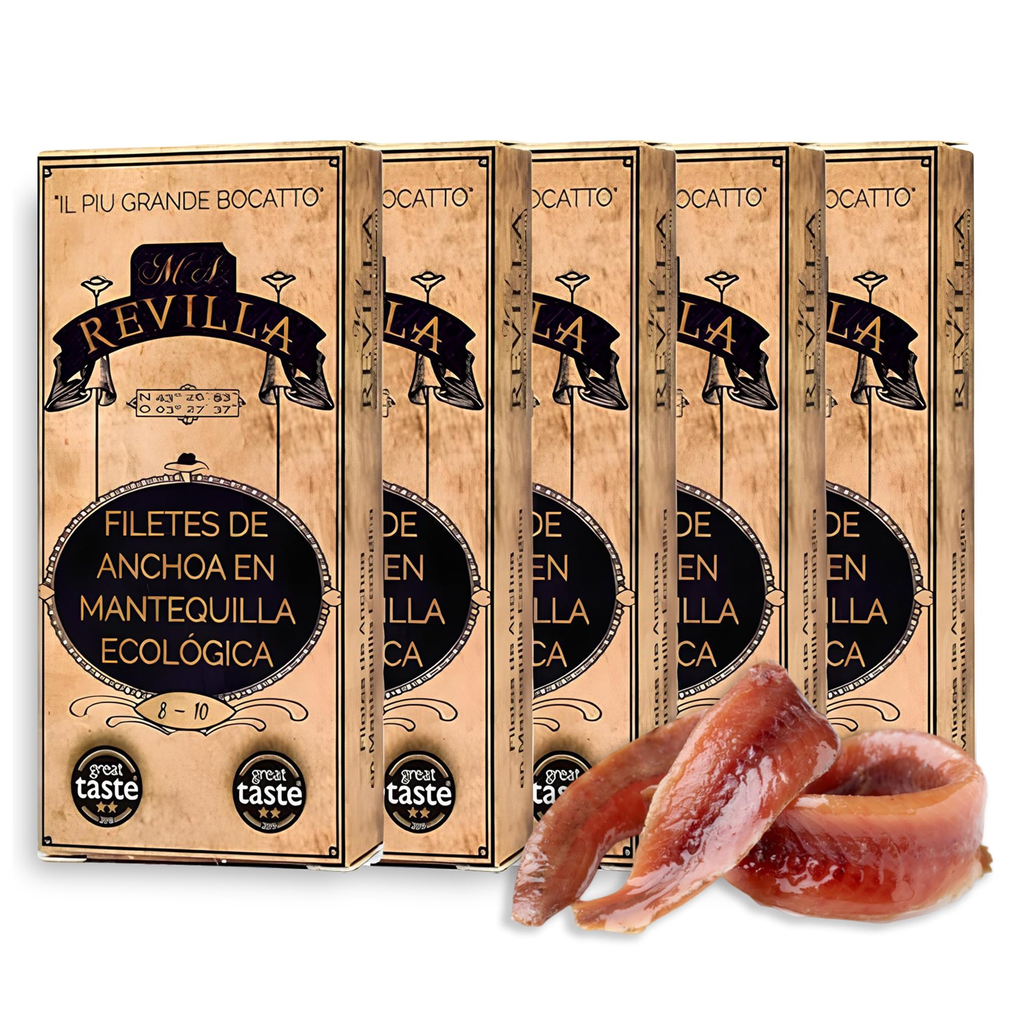 Anchoas Revilla® Anchoas de Santoña en Mantequilla Ecológica I Pack 5 Octavillas (50gr./8-10 lomos) (250gr./40-50 lomos) Anchoas del Cantábrico Gourmet I Conservas y Salazones Gourmet.