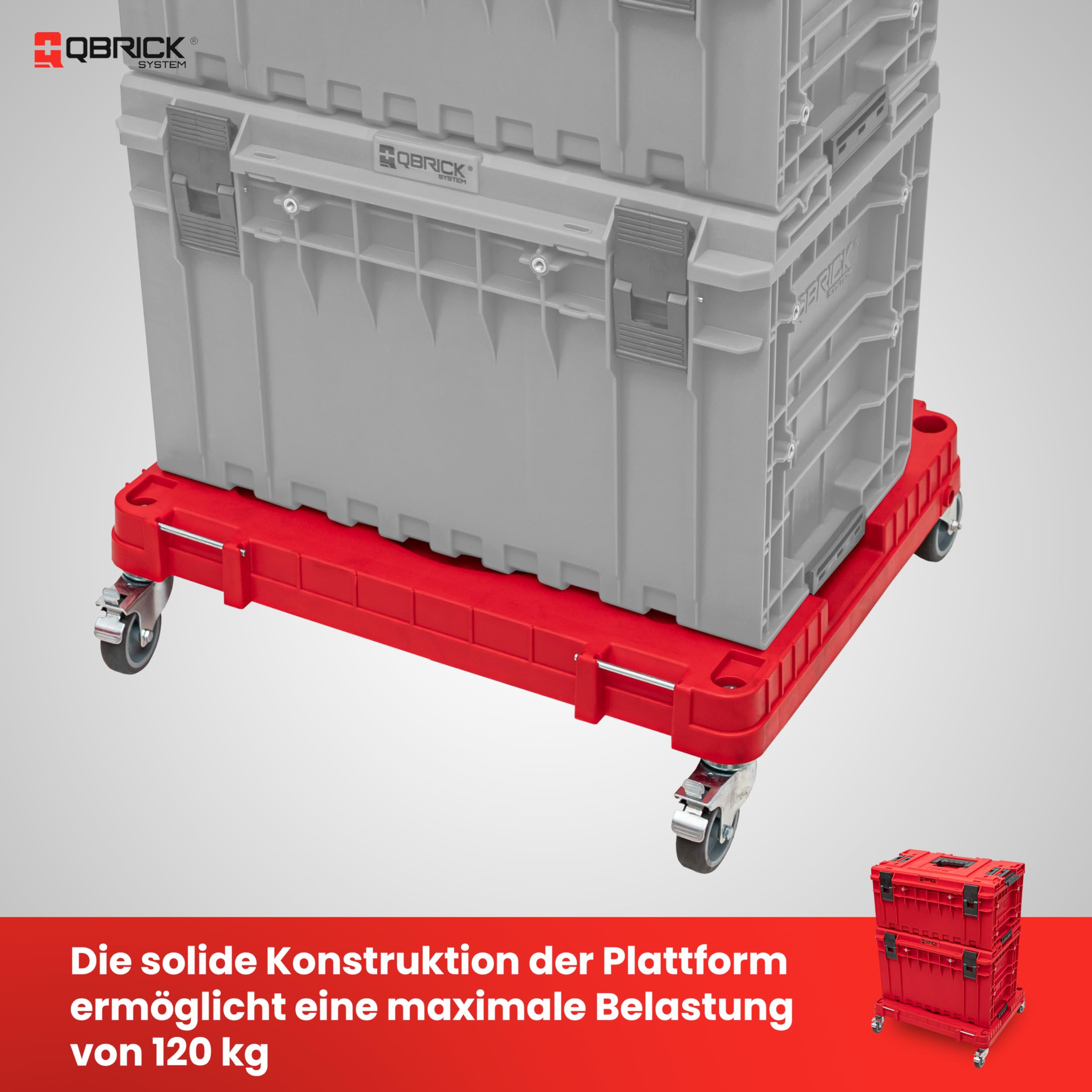 QBRICK SYSTEM Hulajnoga transportowa na kółkach, nośność 120 kg, platforma, RED Ultra HD, kolor czerwony, 625 x 503 x 160 mm