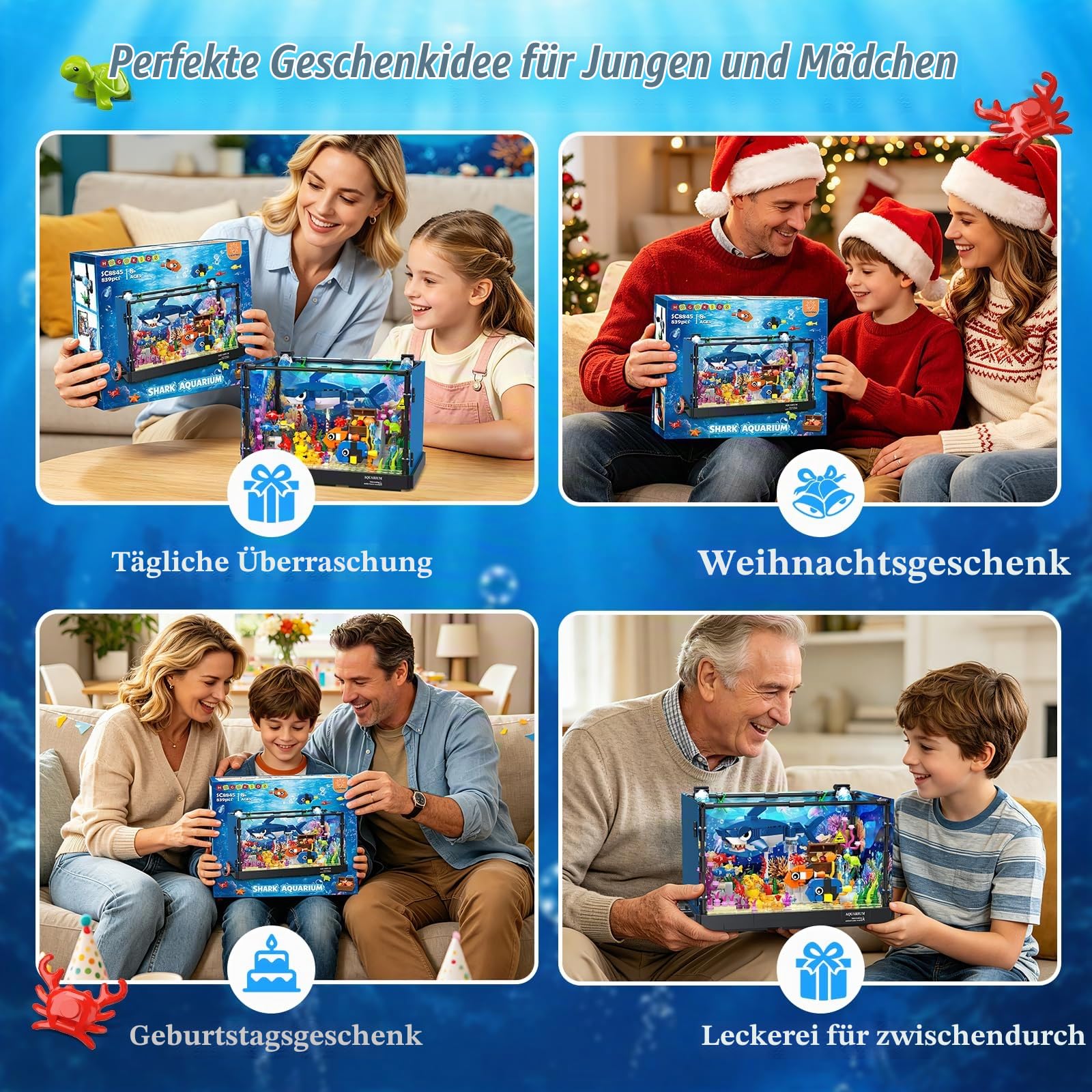 HOGOKIDS Technik Hai Aquarium Bauspielzeug mit Licht für Jungen ab 8 Jahren | Bewegliches Fish Tank Spielzeug mit Hai Figur, Schatztruhe & Meerestieren, Weihnachten Geburtstag Geschenk für Kinder Mädchen