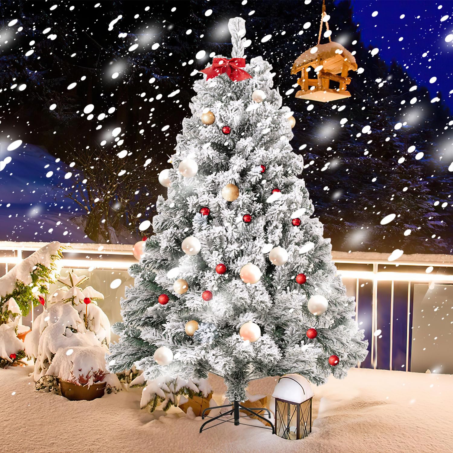 Randaco Sapin de Noël Artificiel en PVC floqué de Neige 150 cm - 550 Pointes avec Support en métal - Difficilement Inflammable - Montage Facile