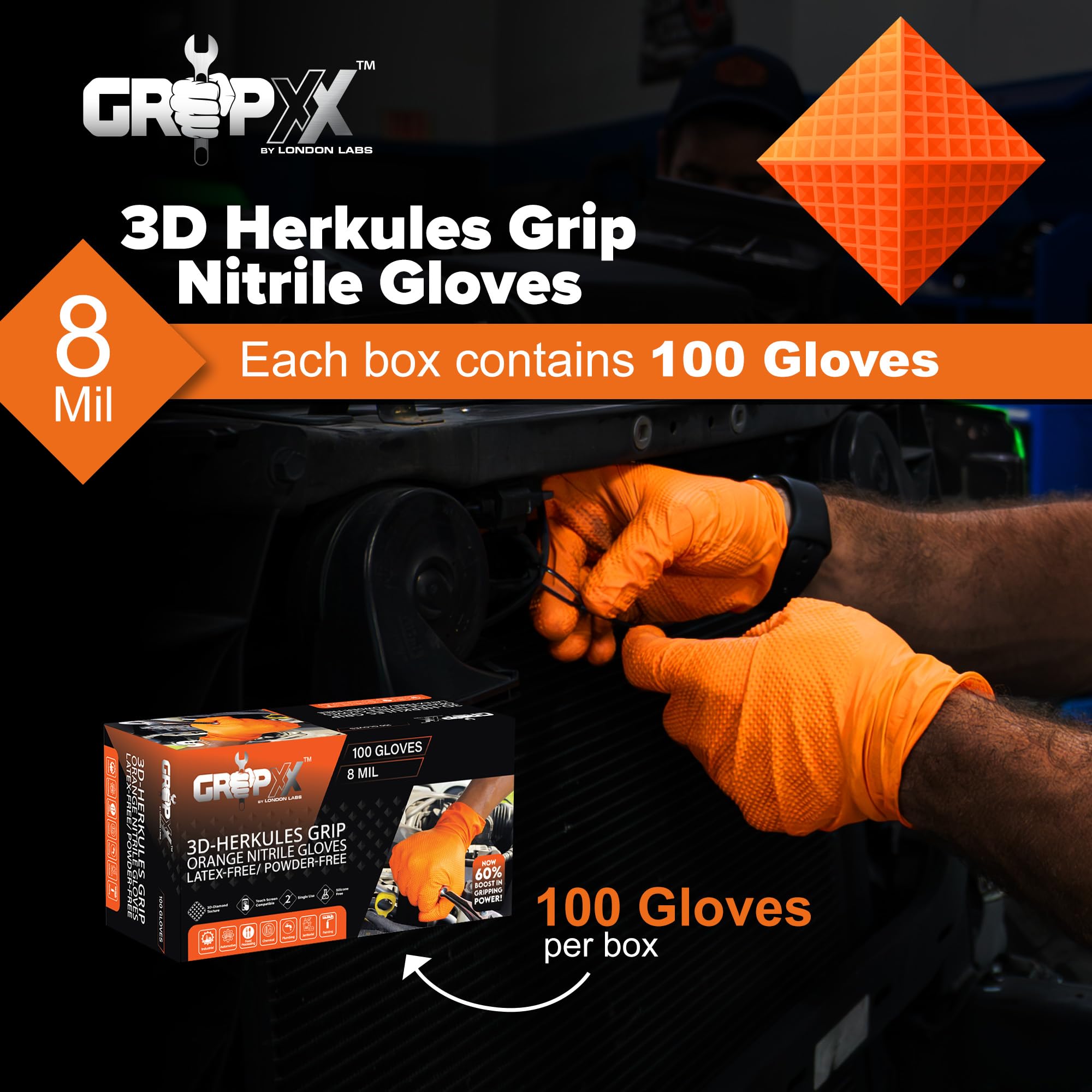 GRIPXX Herkules Grip Heavy Duty 8Mil Orange Nitrile Gloves,3D Raised Diamond Texture-Latex & Powder Free-Industrial, Mechanic (1, XX-Large)