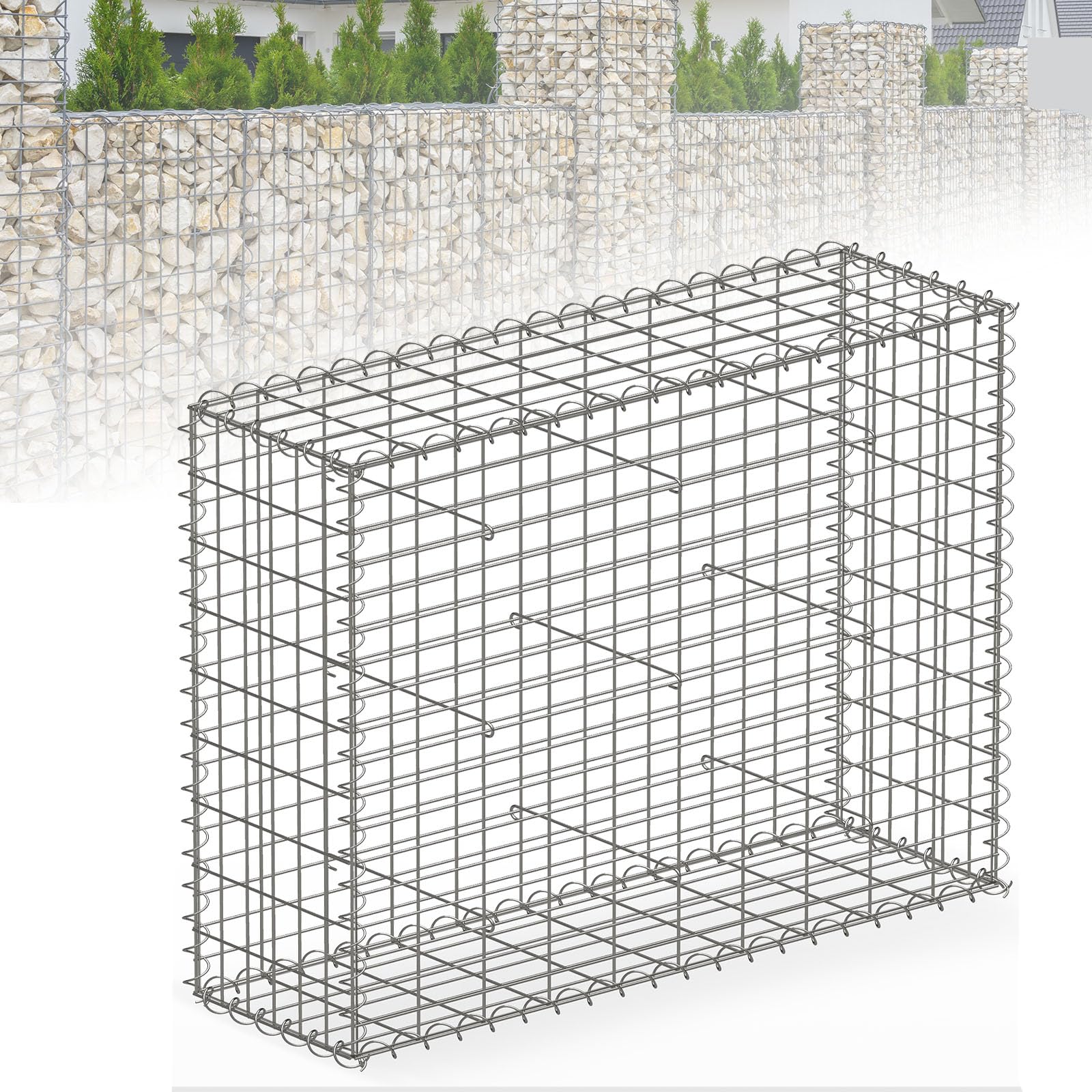 Floordirekt Gabione, Steinkorb aus Metall, verzinkter Drahtkorb mit Maschenweite 5 x 10 cm, Steinmauer als Gartenzaun, Gabionengitter als Sichtschutz, Lenox