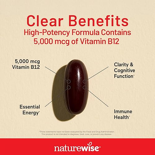 Miniatura 5 de NatureWise Vitamina B12 5000 mcg - Fuerza Extra - Suplemento para Apoyar los Niveles de Energía, Claridad Mental, Salud del Sistema Nervioso - Fácil