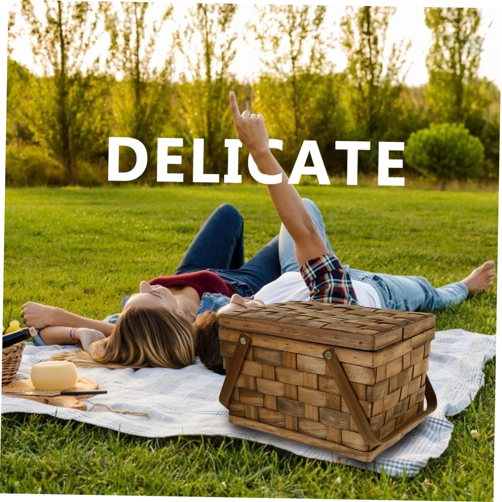 Panier D'extérieur Portable en Bois avec Poignée, Panier de Pique-niques Multifonctionnel Design Naturel et Élégant, Cuisine et Pique-niques