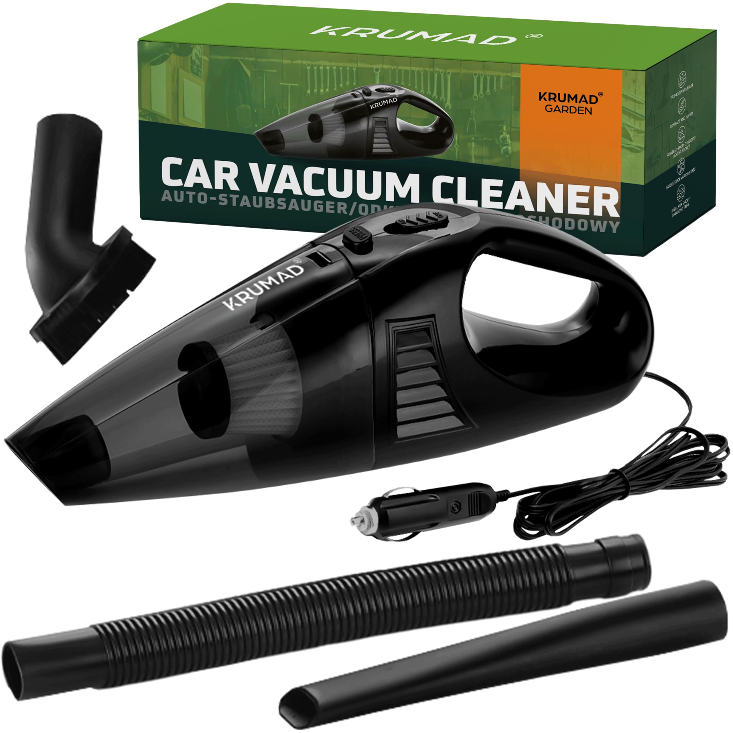 KRUMAD Aspirateur de voiture sans sac 12 V 120 W/3000 Pa - Puissant aspirateur portable - Mini aspirateur sans sac avec câble de 5 m et prise allume-cigare - Aspirateur