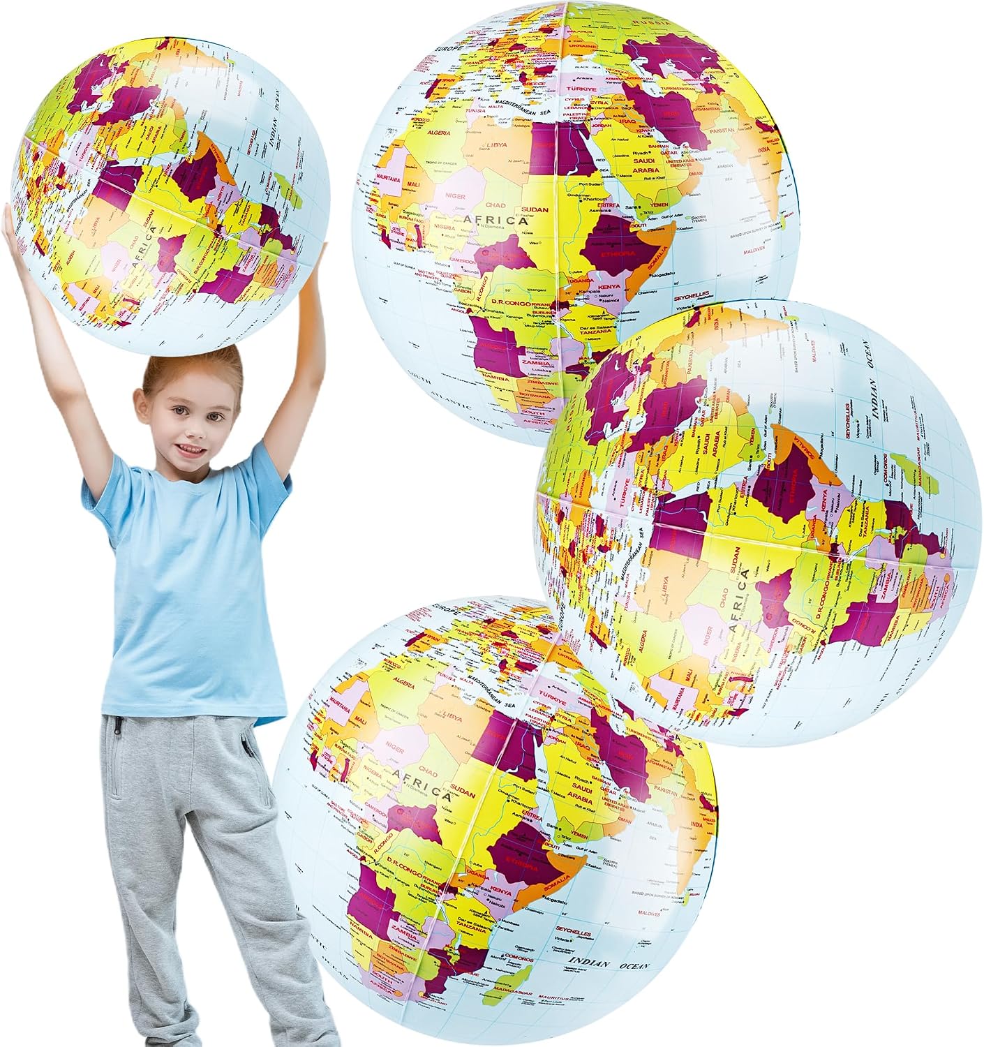 3 Pcs 24 Inch Giant Inflatable Globes Large Blow Up Beach Ball Inflatable World Globe for Summer Pool Party Earth Day Classroom Learning
