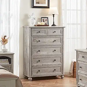 Farmhouse 6 Drawer Dresser, Grey Chest of Drawers, 43.5" Tall Dressers for Bedroom with Roman Column and Metal Handles, Rustic Wood Storage Organizer for Living Room, Hallway, Closet