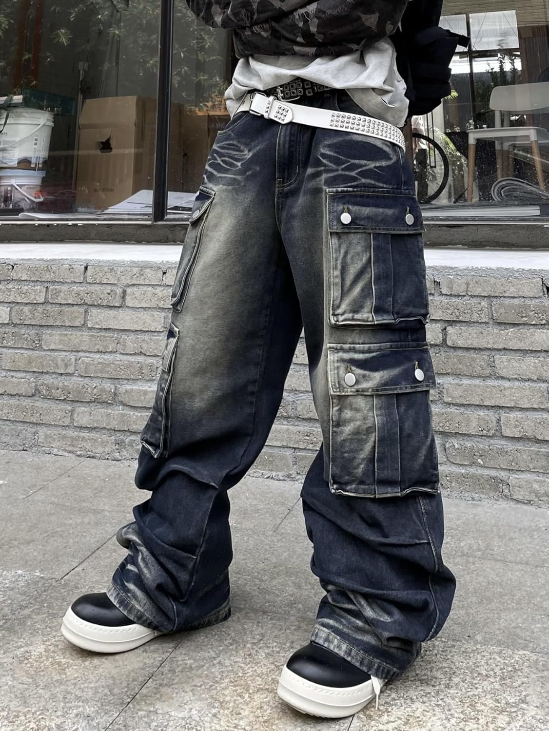Mens Goth Baggy Cargo Jeans with Pockets Steampunk Patchwork Embroidery Wide Leg Denim Pants - Image 4