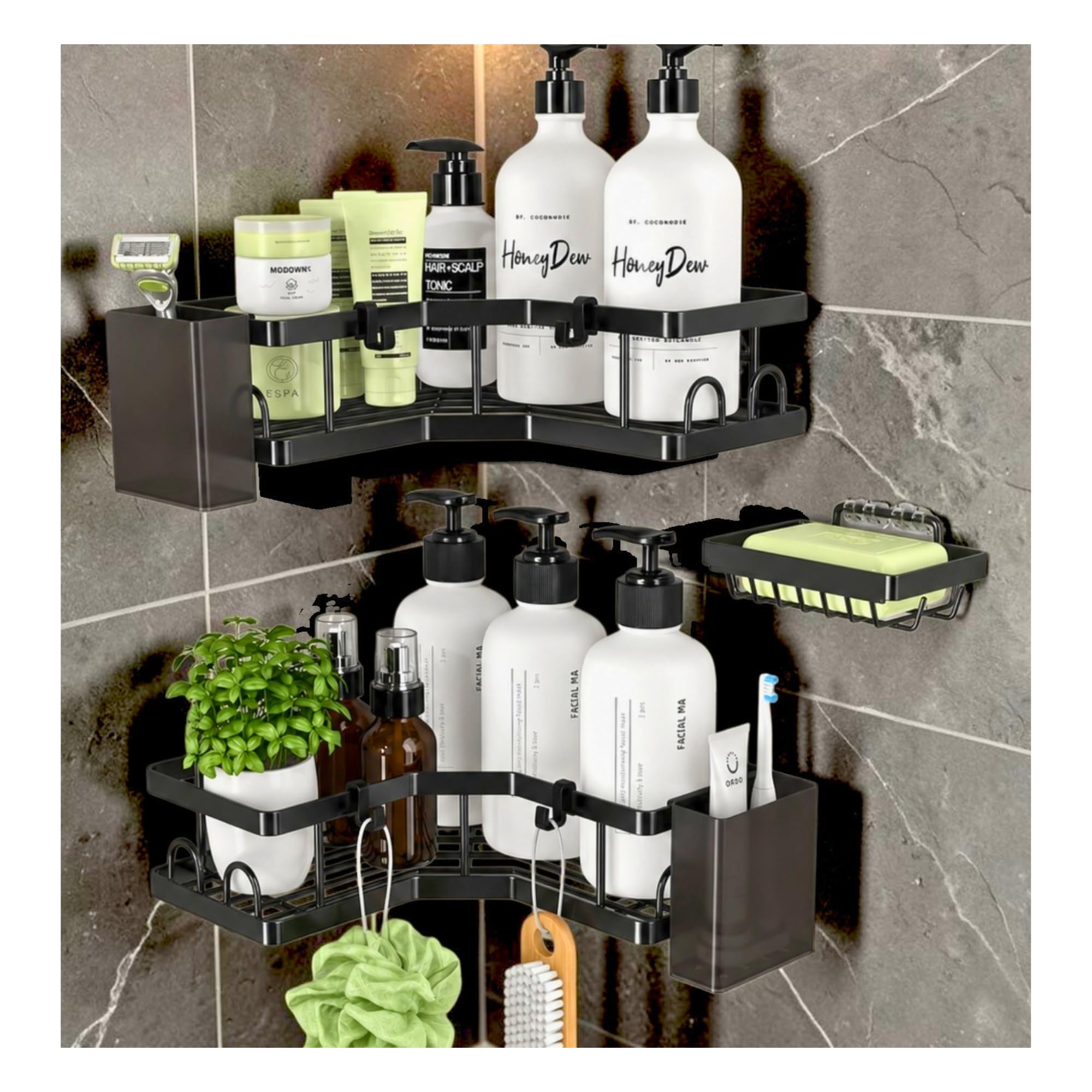 D&S London® Corner Shower Caddy Organizer Set of 5-No Drill Bathroom Shelf with Adhesive Wall Mount, Rustproof Metal Shower Storage Rack, Soap Holder, Toothbrush Holder and Hooks, Black — image 1