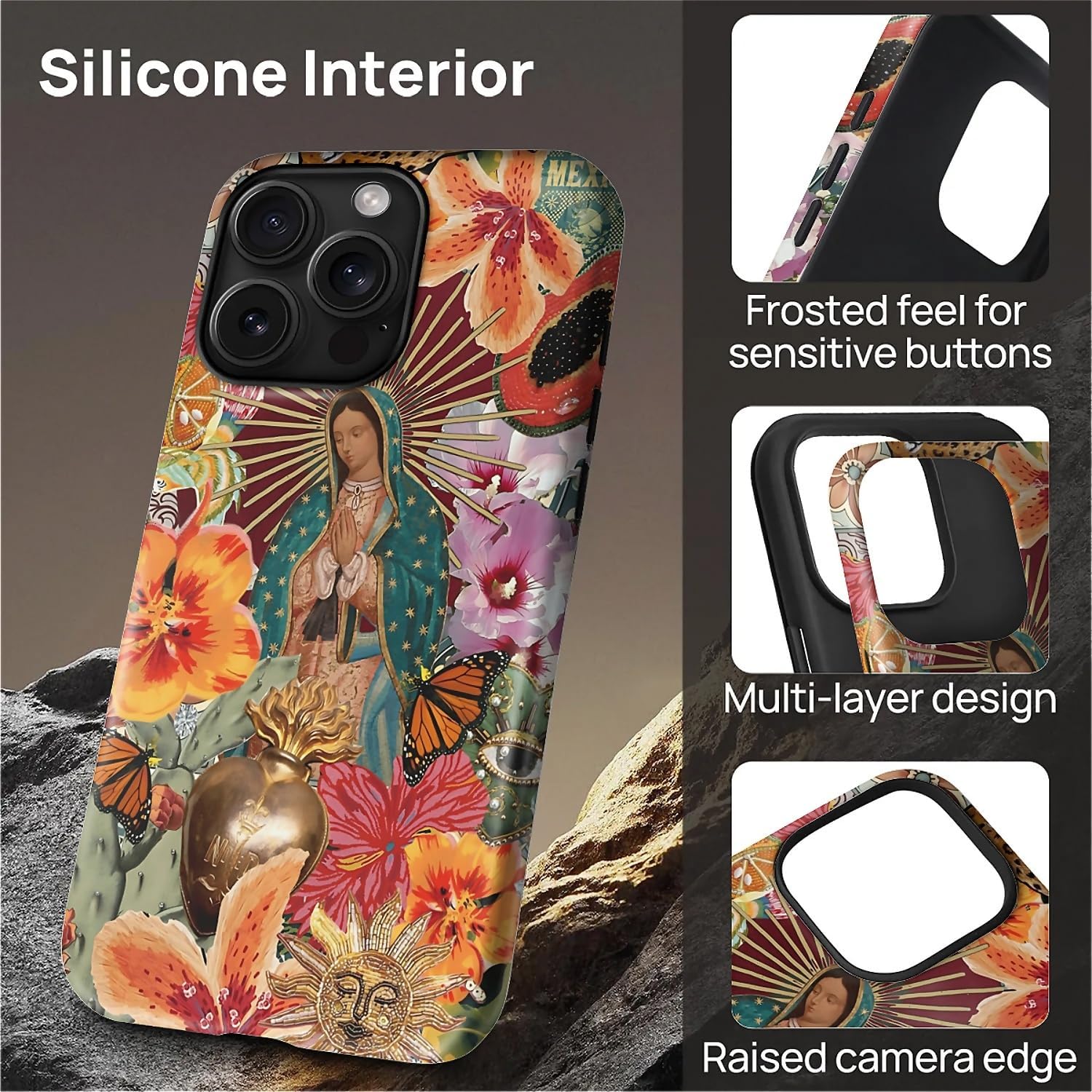 Case for iPhone 15 Pro Max [Compatible with MagSafe], Matte Soft Silicone + Hard PC Anti-Scratch Shockproof Protective 2-in-1 Case for Women Men - Virgin Mary Flower Collage