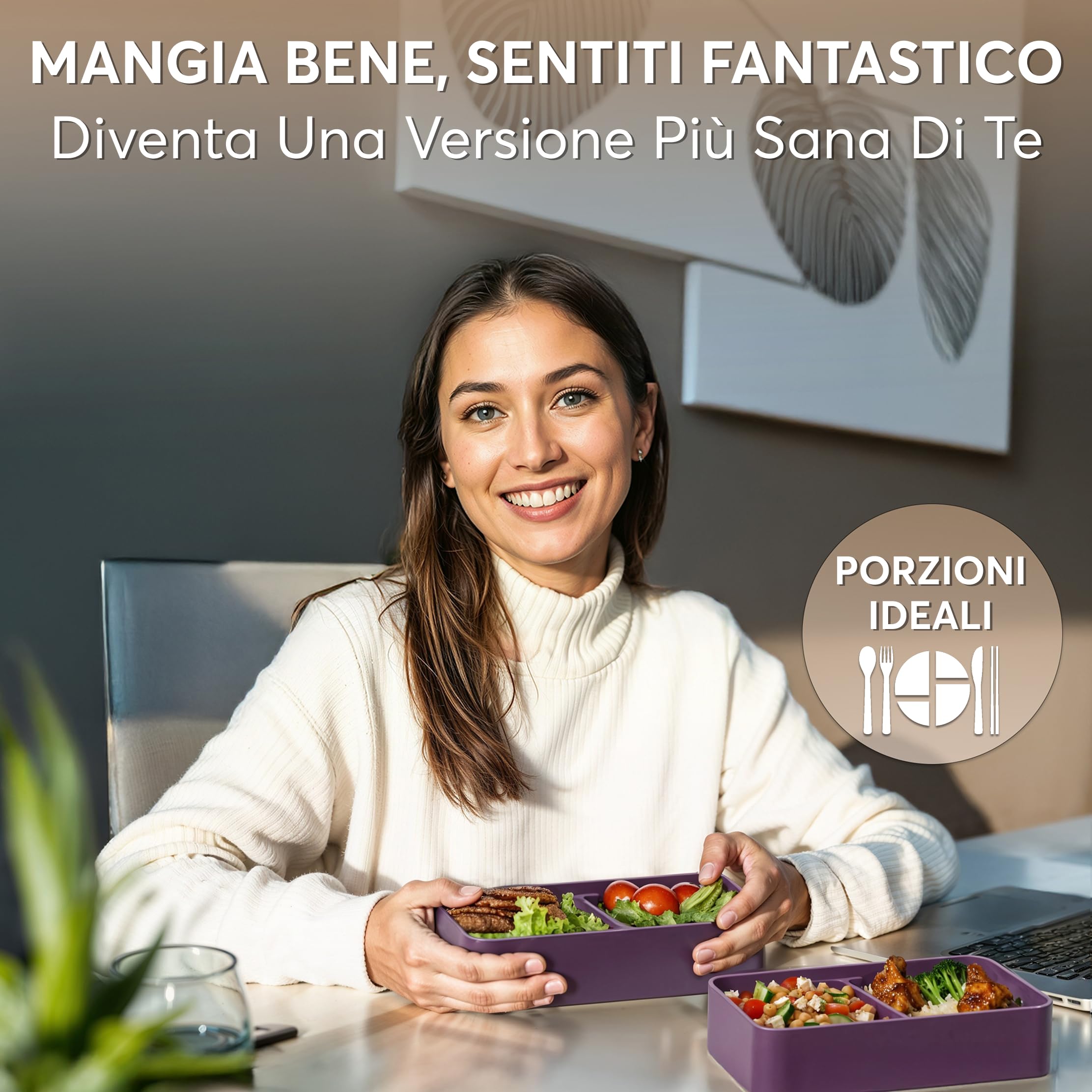 Umami Porta Pranzo Lunch Box Ermetico 4 Scomparti e Posate, Sicuro per Microonde Lavastoviglie, Portapranzo Ufficio Bento Lunchbox Prova di Perdite per Adulti Schiscetta Pranzo, Viola Reale, 1200 ml