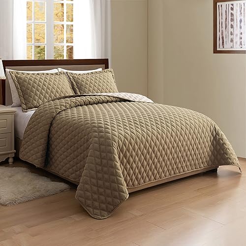 Miniatura 6 de Elegant Comfort Juego de colcha reversible acolchada de 3 piezas con fundas de almohada, exquisitas costuras de diamante para todas las estaciones,