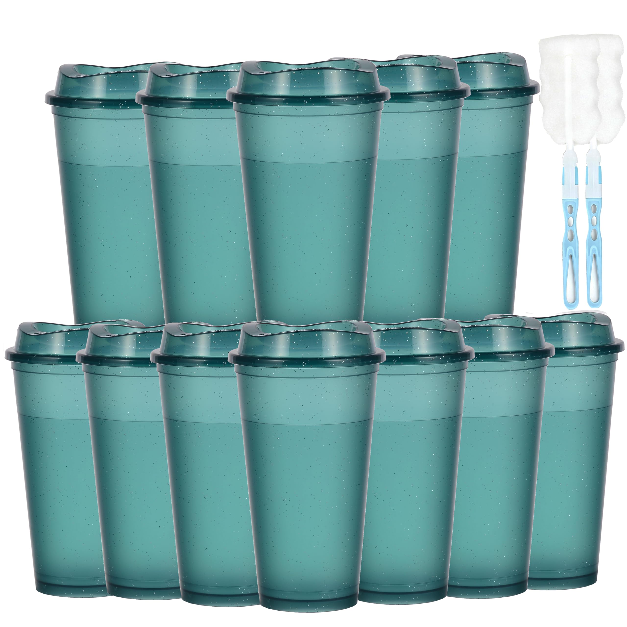 CuppaLifes 475ml Reusable Coffee Cups with Lids, 12 Pack Insulated Plastic Tumblers, Travel Mugs for Hot/Cold Drinks, Smoothie, Takeaway Cups for Adults (12, Dark Green)