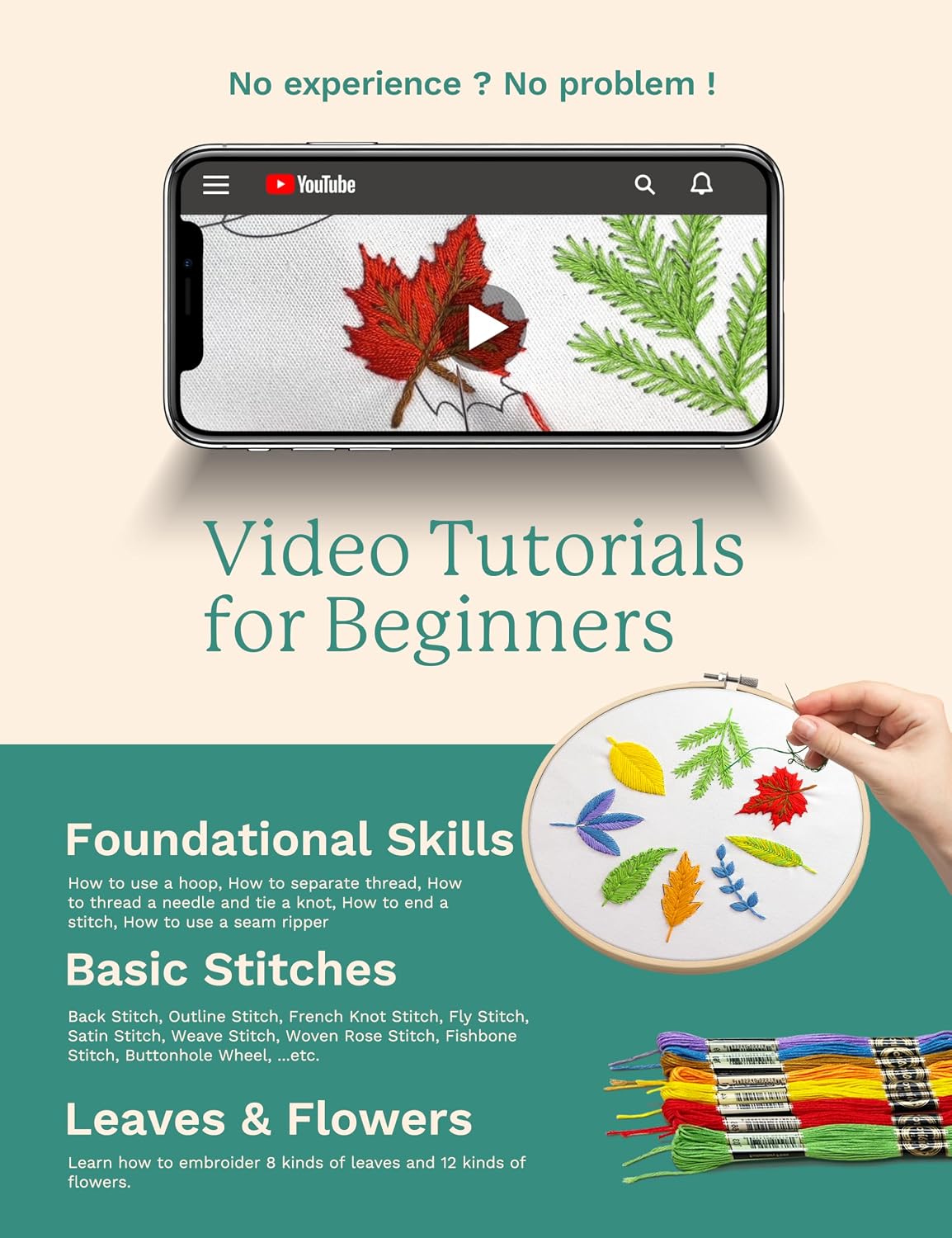 Bradove 3 Sets Leaves and Flowers Embroidery Kit for Beginners, Beginner Embroidery Kit for Adults Kids, Learn to Embroider Adult Beginner