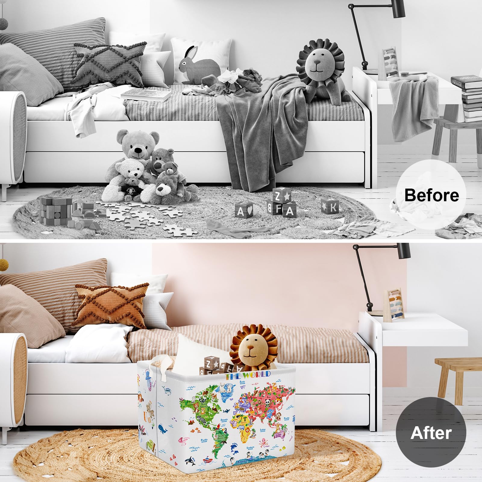 Clastyle Back to School World Map Storage Bin Alphabet Animals Baby Gift Basket Playroom Nursery Kid Toy Basket Organizer Rectangle Clothes Books Shelf Basket