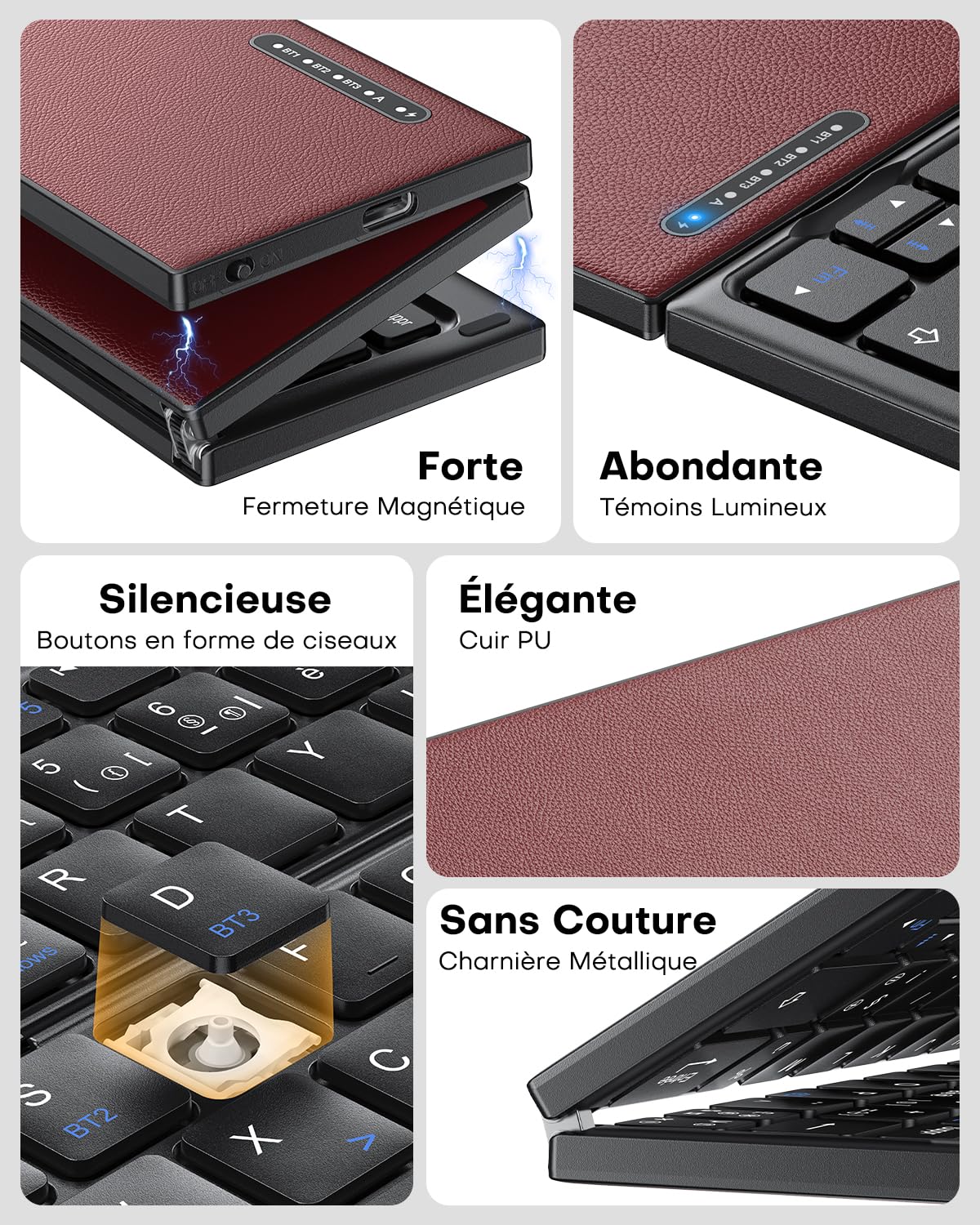 Clavier Sans Fil Pliable AZERTY Bluetooth avec Pavé Tactile, Bordeaux | Multi-Appareils, 3 Appareils Bluetooth, Mini Clavier Silencieux, Compatible avec Android Windows iOS Téléphone Tablette iPad